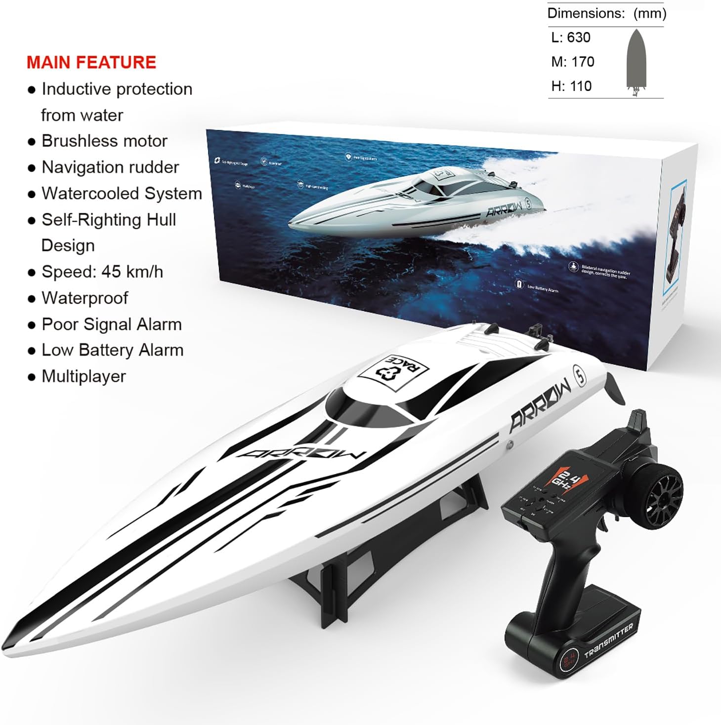 25 Inch UDI005 Large Hobby Remote Control Boat for Adults Experts 14y+ RC Brushless Watercraft 50km/h 31mph 3S Battery 4WD Full-Functions RC Sail White