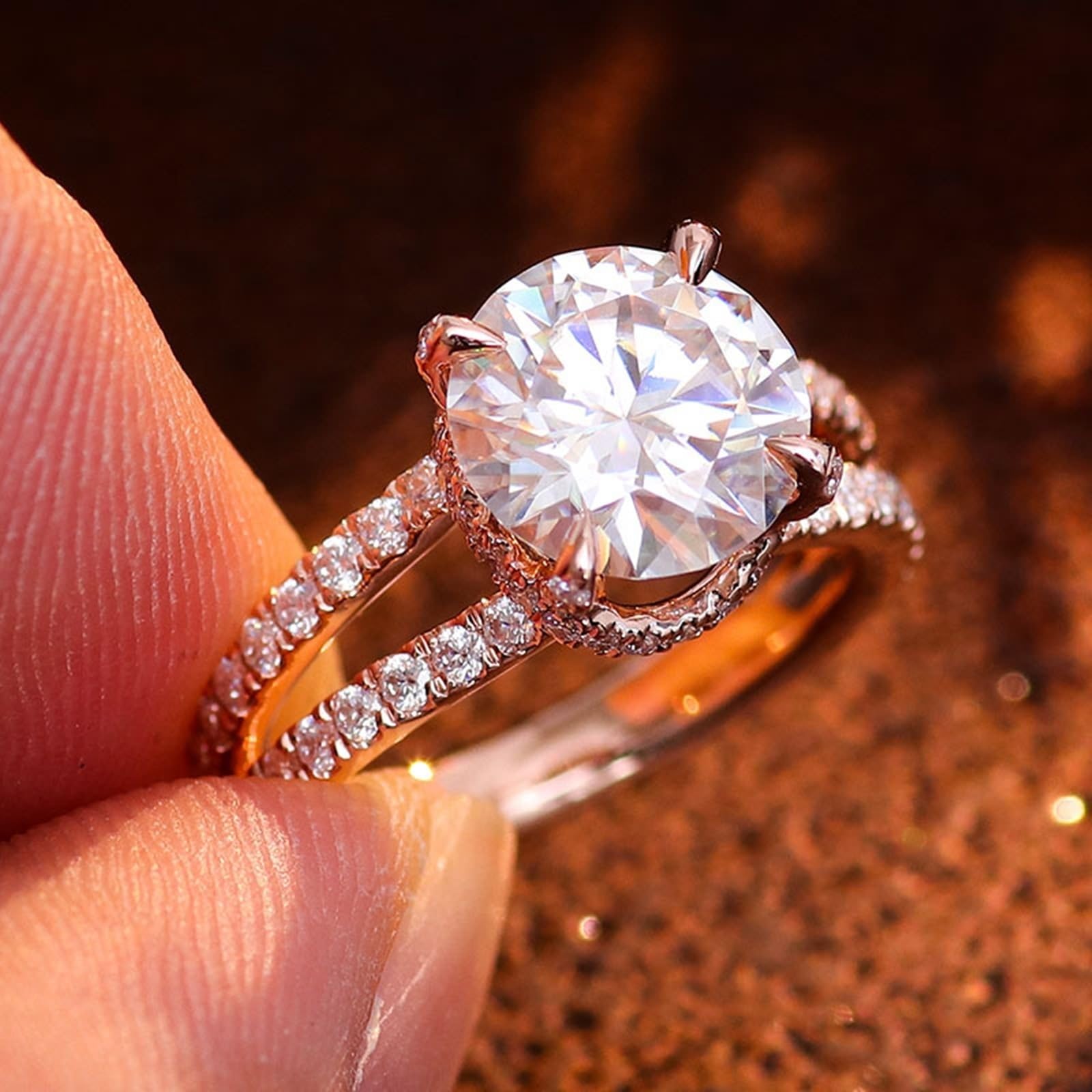 Wycian Anillos de mujer Moissanite Anillos de oro rosa de 9 K Elegante Moissanite Redondo con 4 Garras Talla 45 (14.3) Elegante para Lesbianas Acción de Gracias Personalizable