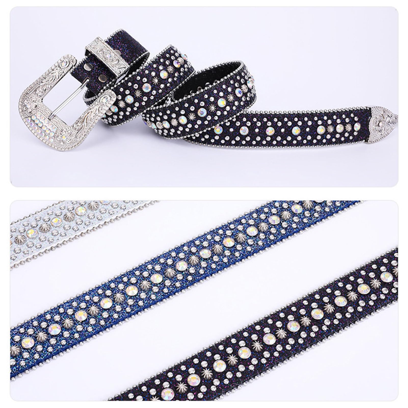 Mężczyźni Kobiety Rhinestone Belt, Studded Rhinestone Belts, Western Studded Leather Belts, Y2K Leather Belt Western Cowgirl Cowboy Studded Diamond Belt for Jeans(E,105cm)