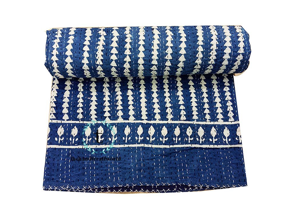 thehandicraftworld Blue Indigo Queen Size Kantha Quilt Vintage Handmade Indigo Print Kantha Bedspread (Blue 1)