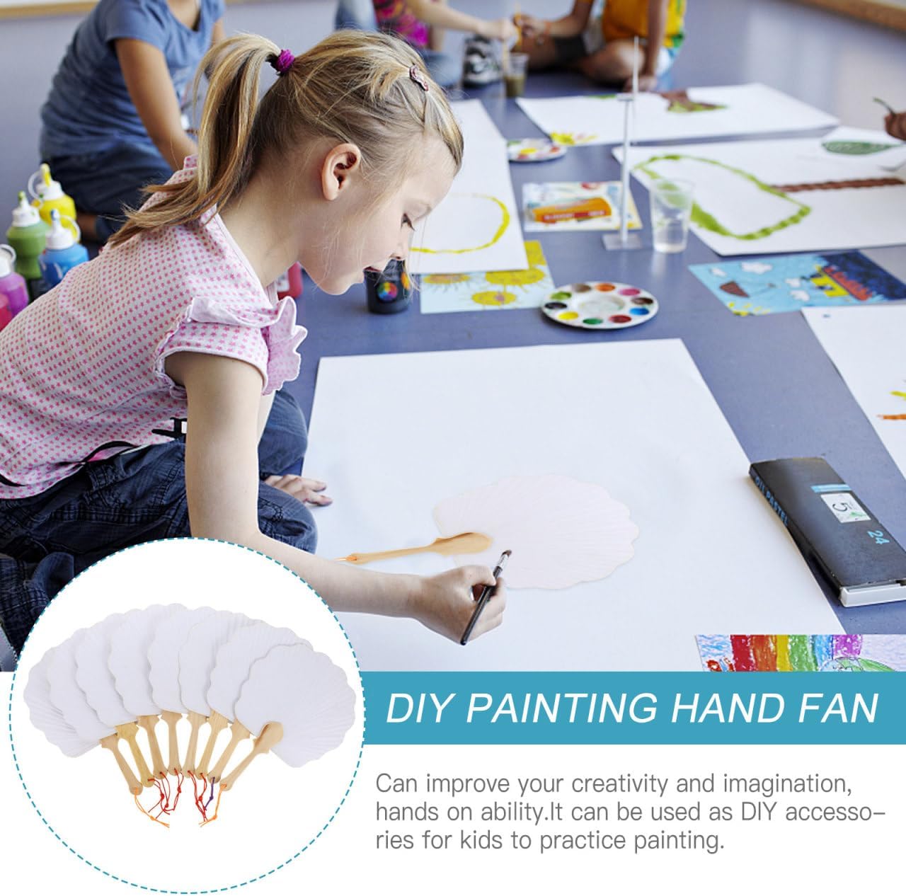 PRETYZOOM DIY Painting Hand Fan 16-Pack Blank Paper Fans 12X8.26In Foldable Handheld Fans for Kids Creative Drawing Educational Craft Home Decoration