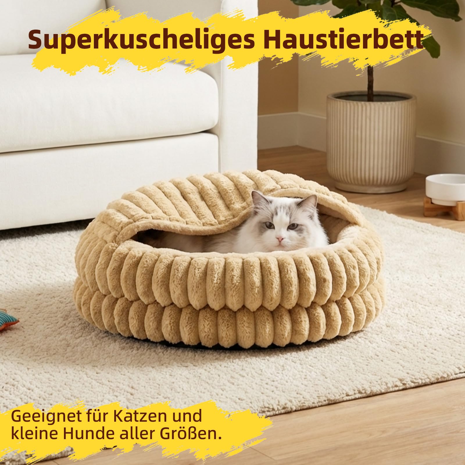 Katzenbett mit Deckel, Waschbare Katzenhöhle mit Kissen, Weiches Katzenhaus 50x50x15 cm (Braun)
