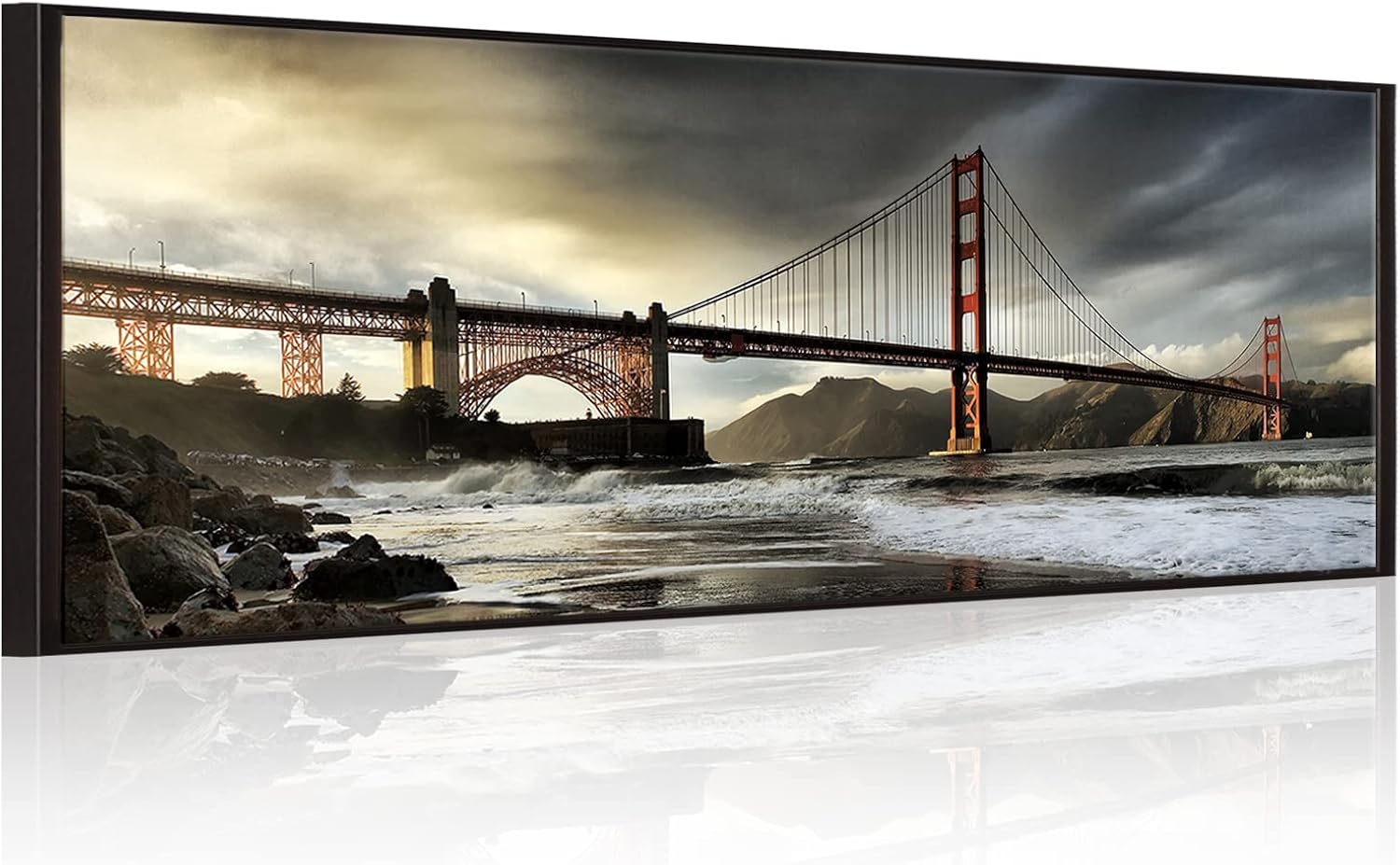 sechars XLarge Golden Gate Bridge Picture Canvas Wall Art Vintage San Francisco Cityscape Photo Artwork with Premium Black Frame Modern Home Living Room Offcice Decor 20"X55"
