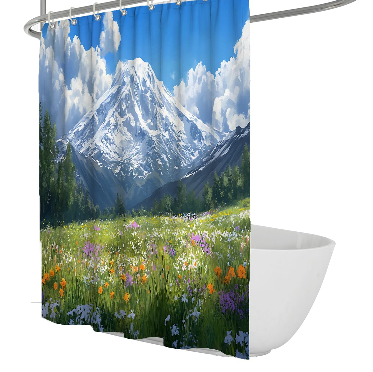 UERWOWELL Traditional Mountain Shower Curtain for Bathroom Wildflowers Meadow and Snow Capped Peak Nature Scene Bath Curtain Machine Washable W200xL200 cm