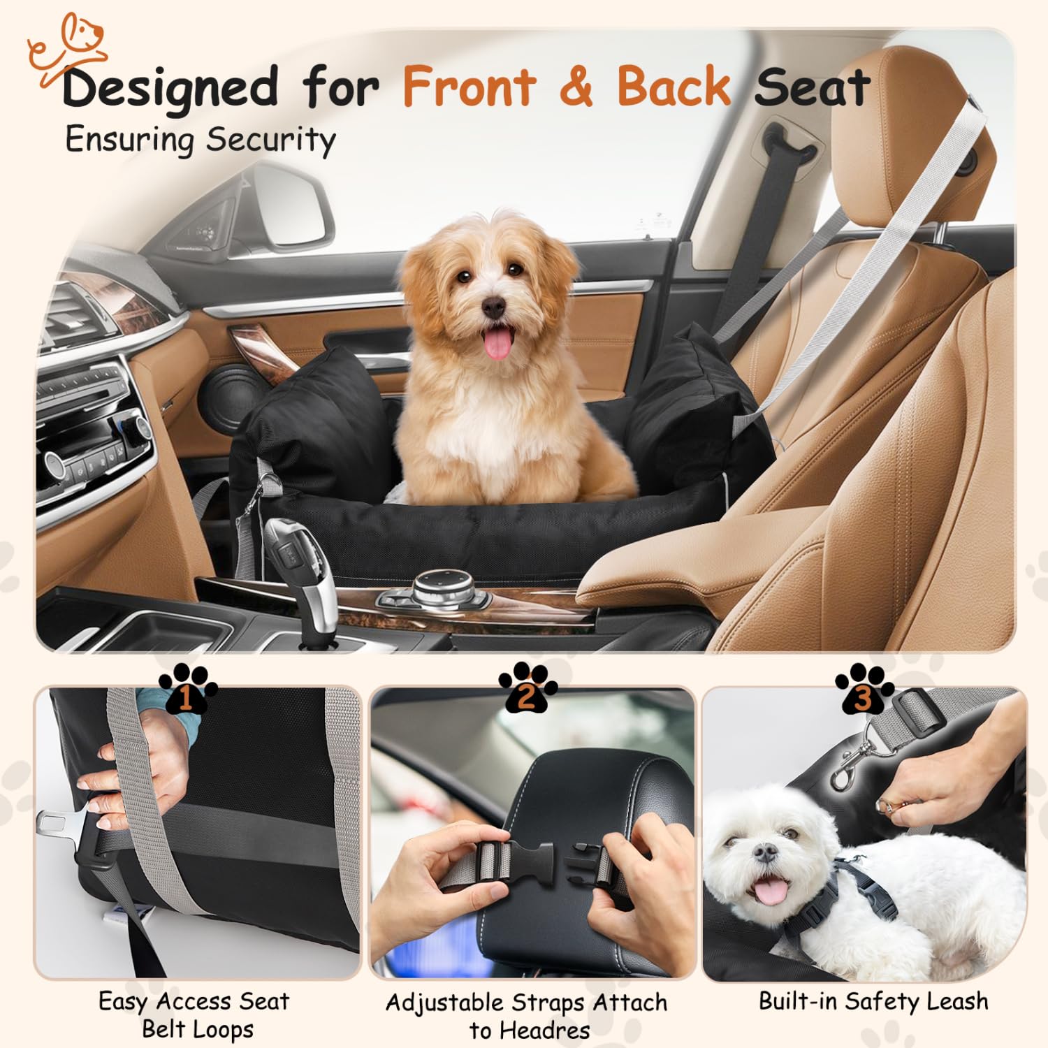 Nobleza Asiento de Coche para Perros Pequeños, Asiento Elevador para Perros con Bolsillos de Almacenamiento y Cojín Reversible, Cama de Viaje para Mascotas de hasta 11 kg, Negro, L58×W56×H33cm