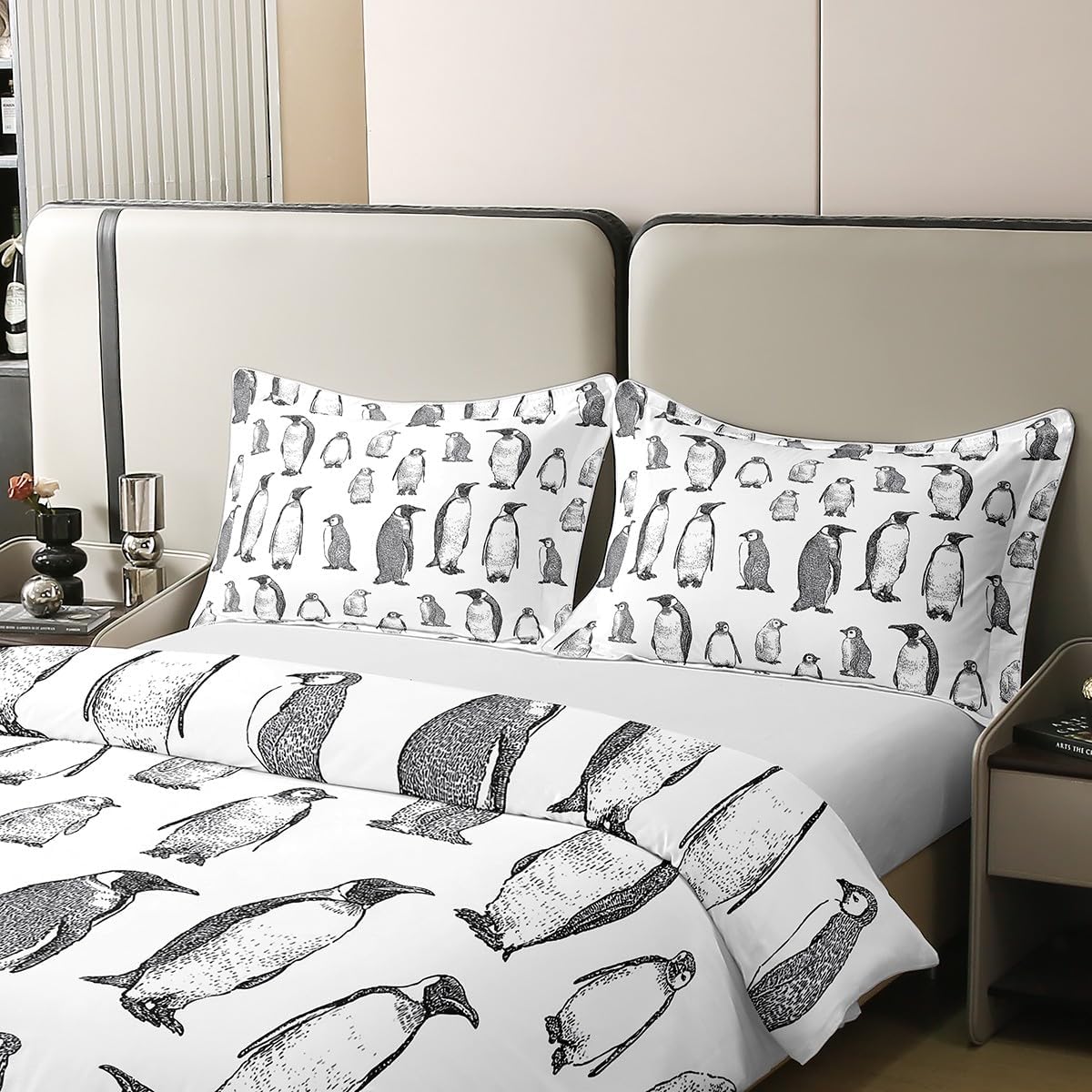 Erosebridal 100% Cotton Penguin Bedding Set Queen Size, Antarctic Animal Duvet Cover for Kids Boys Girls Children, Winter Theme Comforter Cover Penguin Sketch Quilt Cover Decorative, Grey White