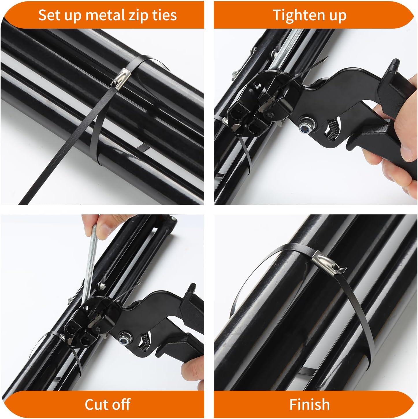 BethTie Stainless Steel Cable Tie Gun Set, with 300PCS Black Metal Zip Ties (100 Each of 6, 8, 11.8 Inch), Adjustable Fastening Cutting Tie Tool Sets for Fencing, Exhaust Pipes, Automotive