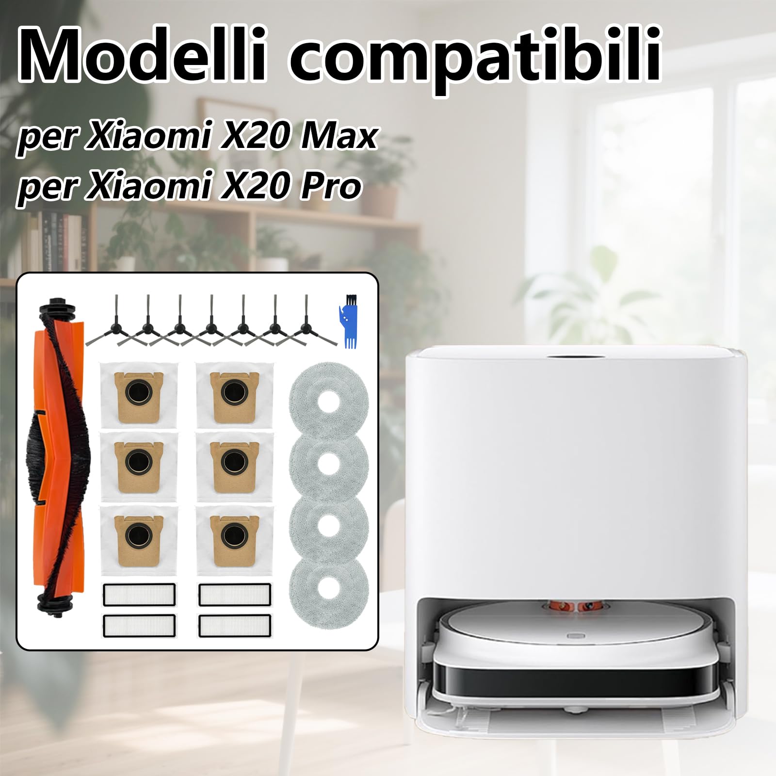 19 Pezzi Accessori per Xiaomi X20 Max/X20 Pro Aspiratore, 1 Spazzola Principale, 4 Filtri, 4 Asciugamani, 6 Sacchi di Polvere, 7 Spazzole Laterali, per Xiaomi X20 Max, X20 Pro Accessori