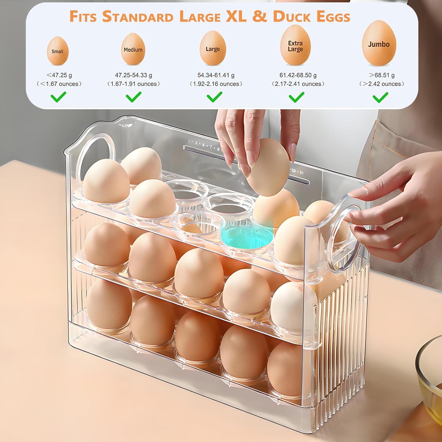 Egg Holder for Fridge, Holds 30 Eggs, 3-Tier Stackable Egg Organizer for Refrigerator with Date Tracker & One-Hand Access, BPA-Free PET Egg Storage Container for Countertop or Fridge, Clear