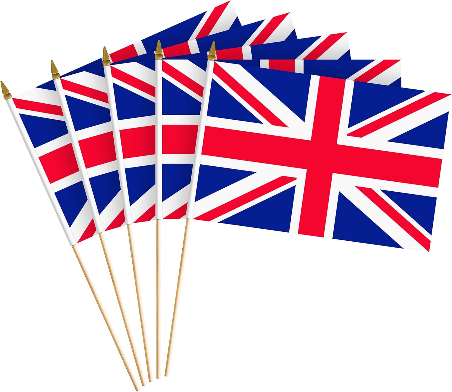 G128 12 Pack Handheld United Kingdom UK Stick Flags | 8x12 In | Printed 150D Polyester, Country Flag, Solid Wooden Stick, Spear Gold Tip