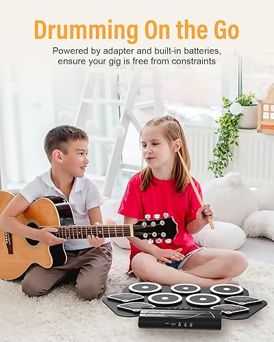 Miniatura 3 de Momkhx Juego de batería electrónica, batería eléctrica para niños, 9 almohadillas enrollables, almohadillas electrónicas con altavoz estéreo dual
