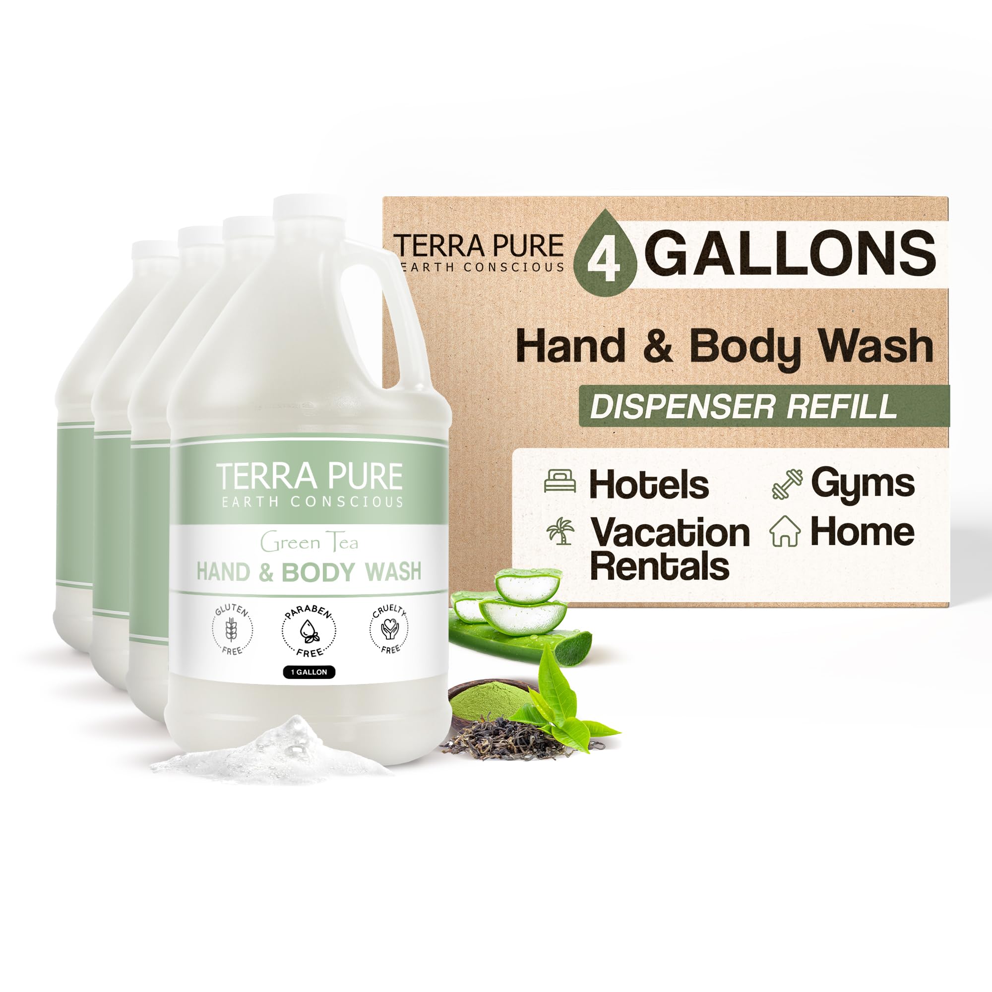 Terra Pure Hotel Hand Body Wash Soap Four Gallons Designed to Refill Soap Dispensers Set of 4
