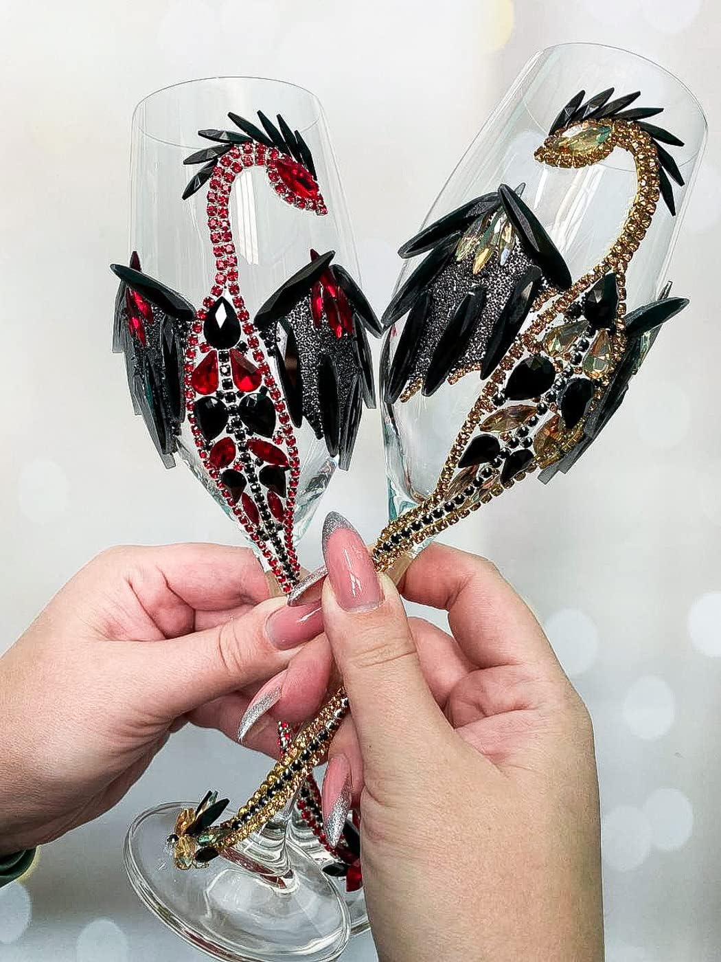 Gold Dragon Wedding Wine Glass for Bride or Groom with Black Crystal Wings and Stones