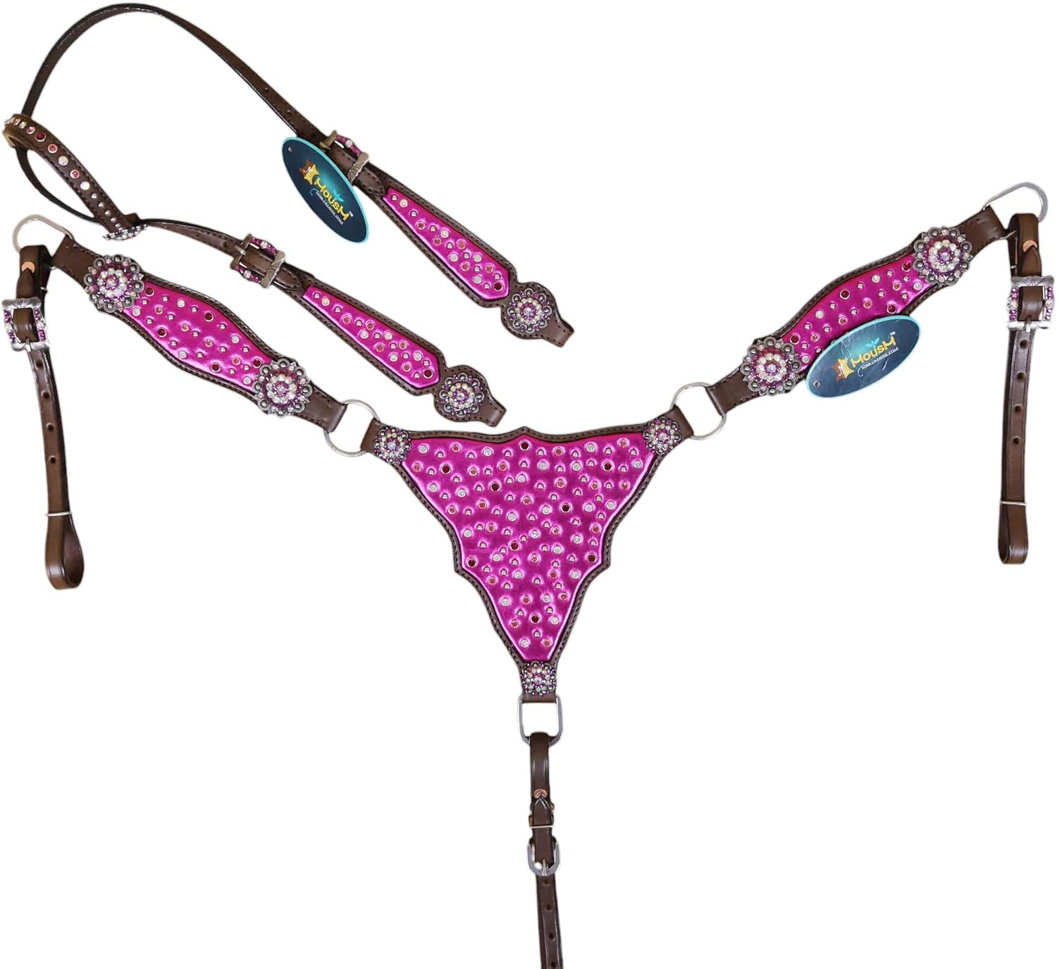 Pink Western Headstall and Gladiator Breast Collar Tack Set | Red, White & Orange Stones, Leather Strings | Argentina Cow Leather | Perfect Valentine’s Day Gift
