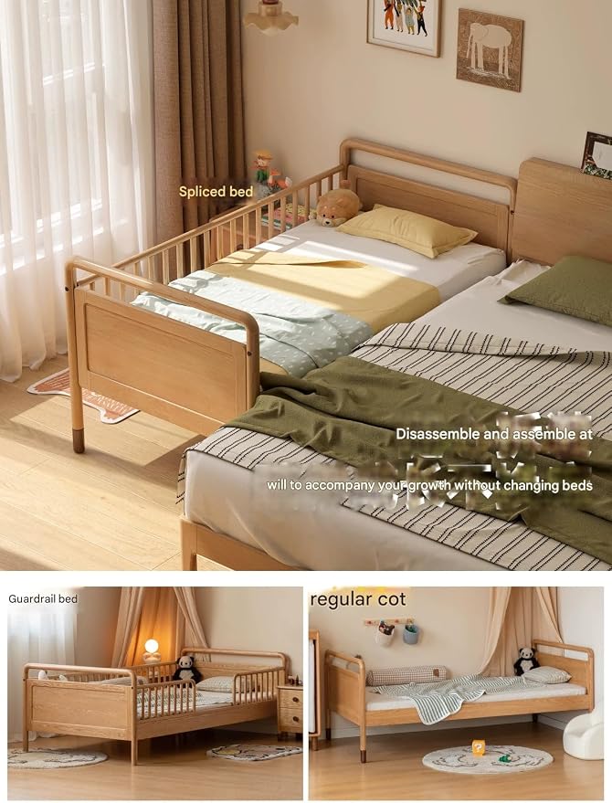 Cama para niños de madera maciza de roble, 100x200 cm, color natural, sin ajustable miniatura 2