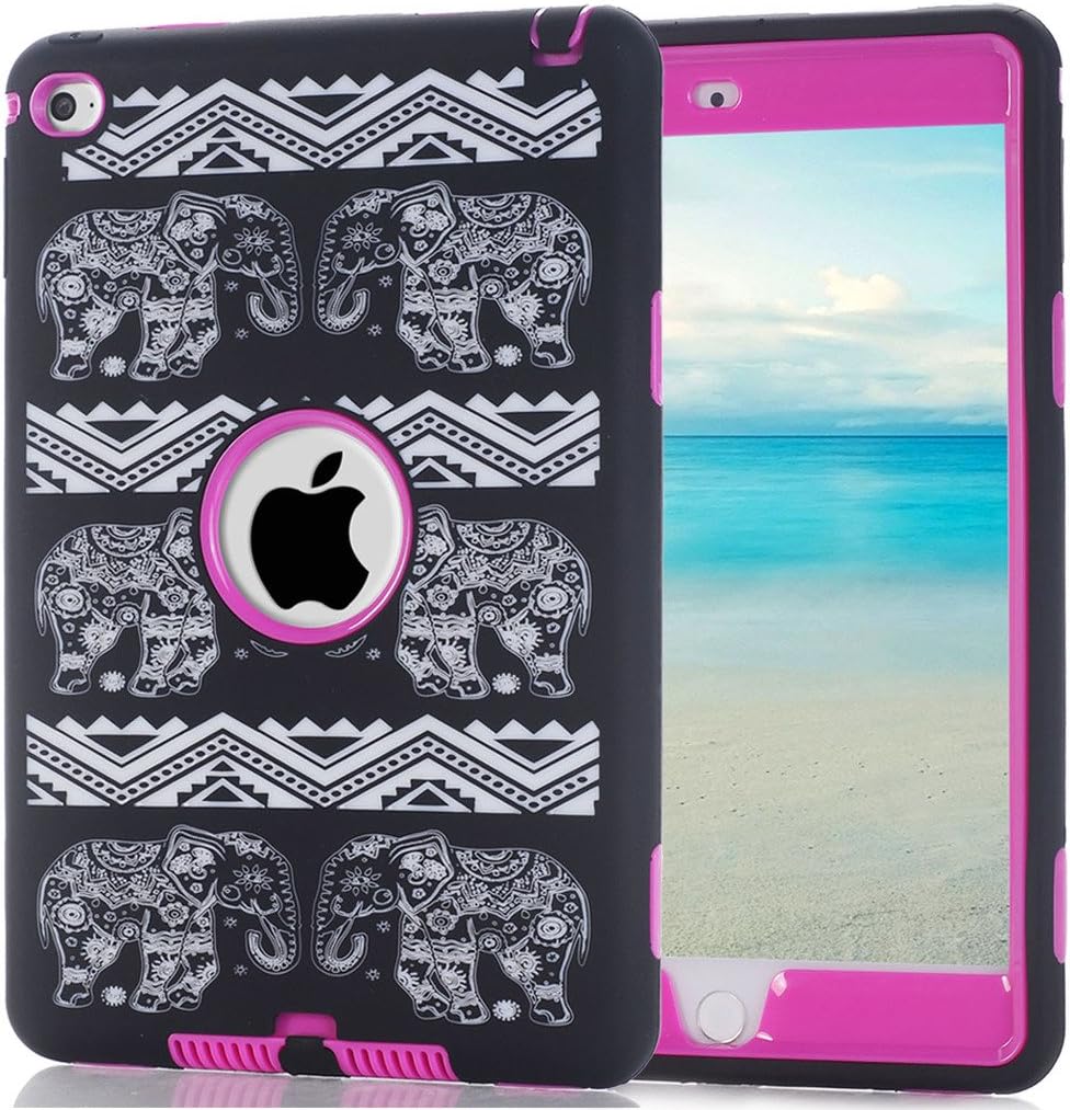iPad Mini 4 Case A1538/A1550, Hocase Rugged Hybrid Double Layer Shockproof Protective Hard Rubber Case for Apple iPad Mini 4 Retina - Elephant/Deep Pink