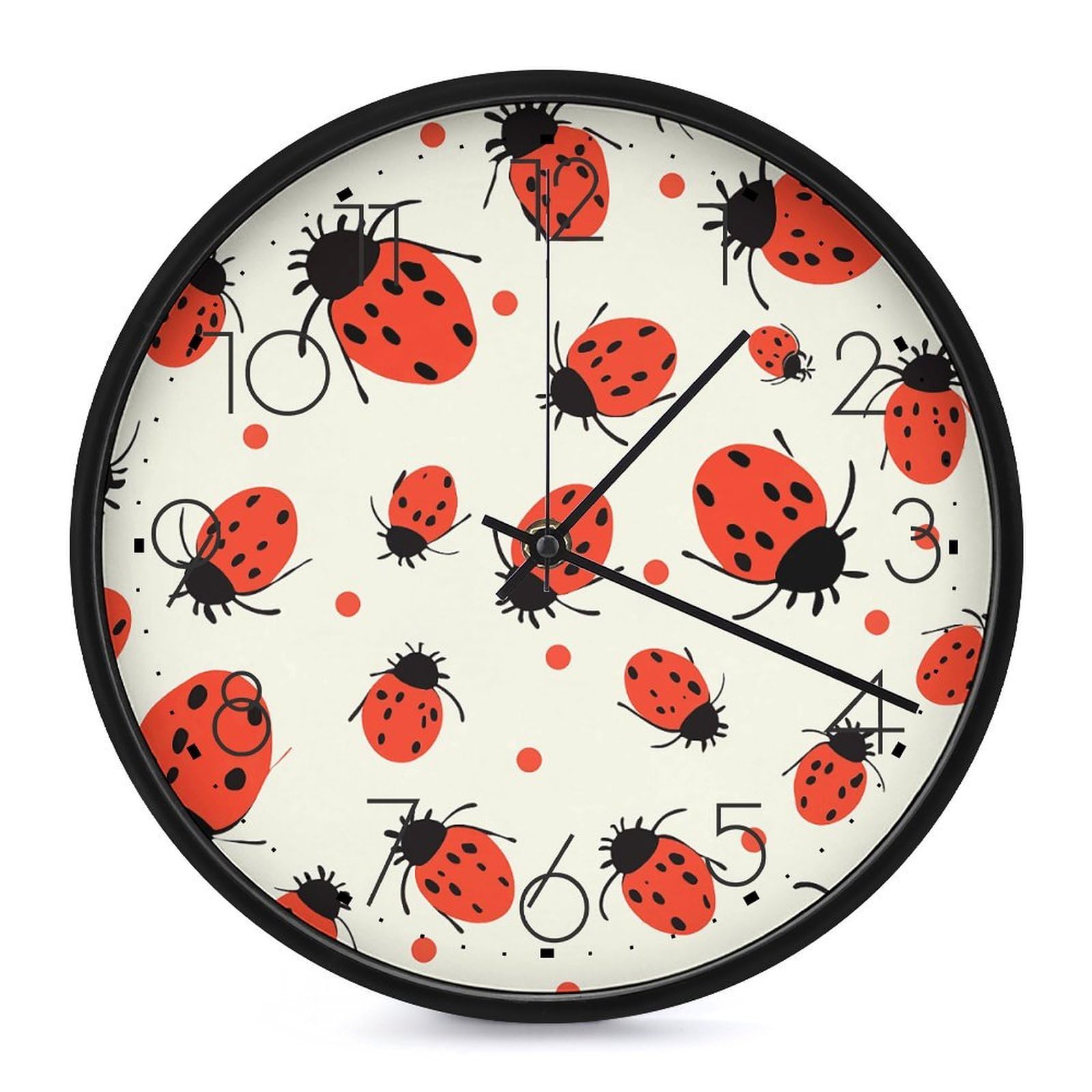 Horloge murale silencieuse à piles avec motif coccinelles pour salon
