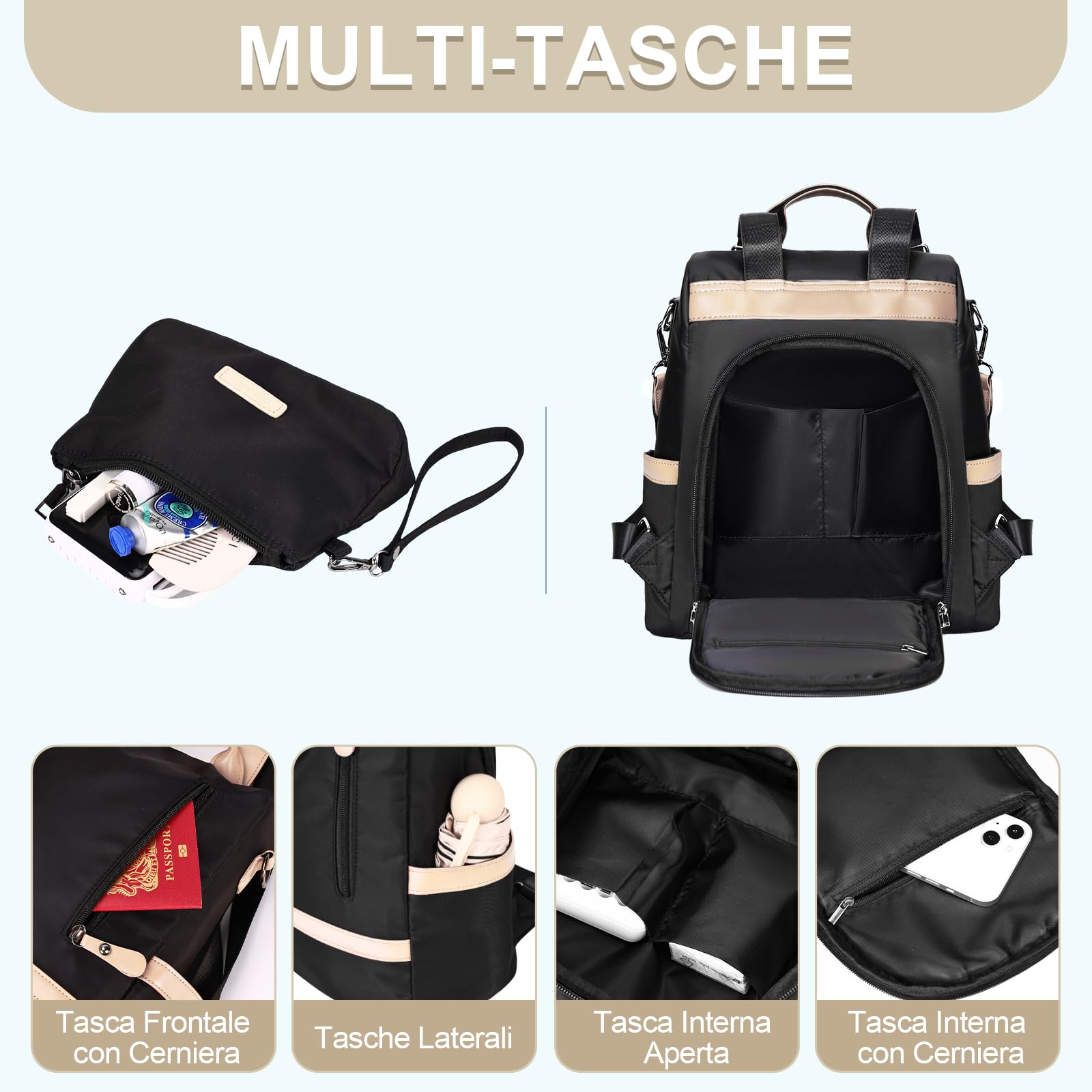 Eshow Zaino Donna Antifurto, Zainetto Casual 3 in 1, Borsa Zaini per Viaggio Scuola Lavoro Shopping e Università