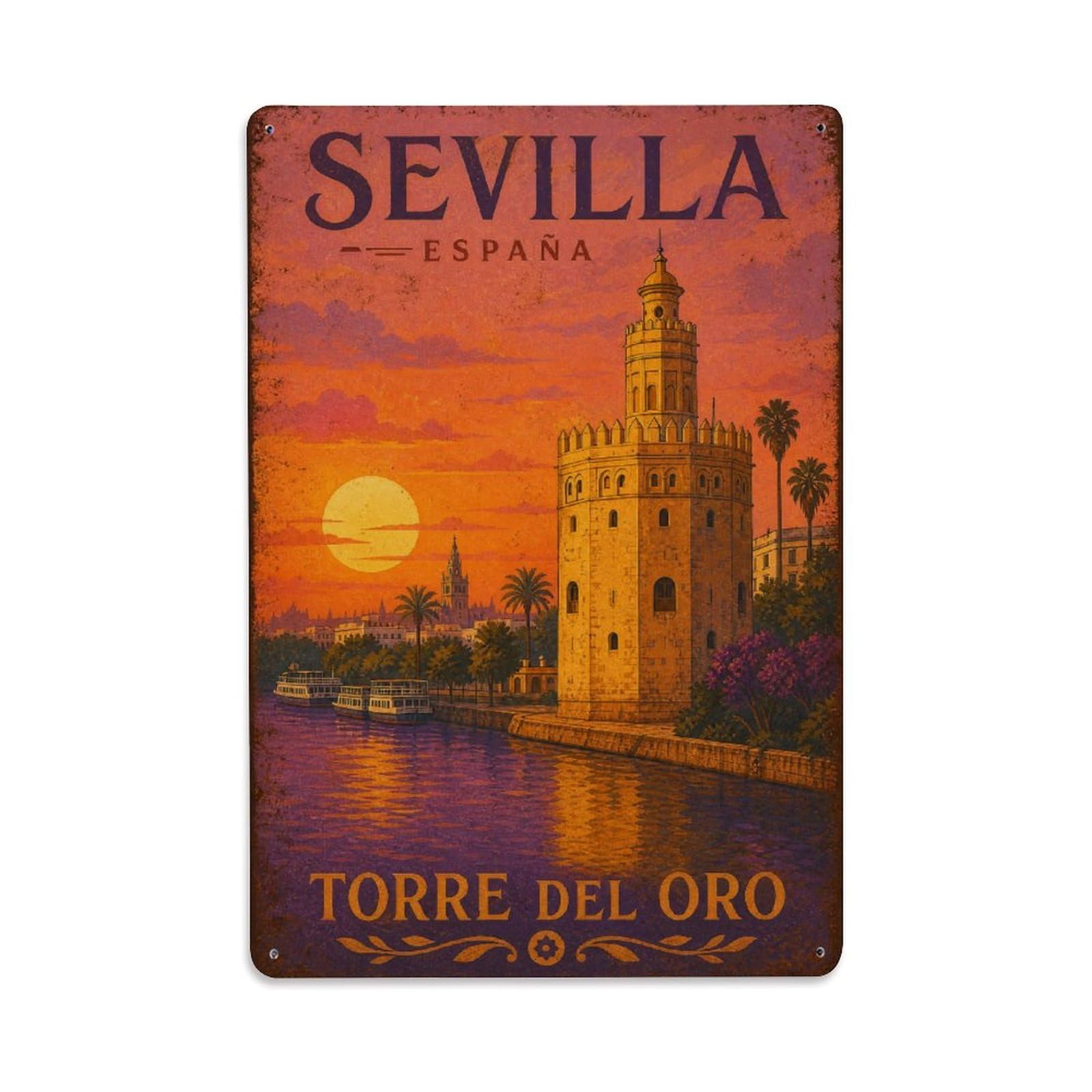 Huiyhb 8X12inch(20X30cm) Vintage Travel Torre Oro Sunset Seville Golden Light Metal Tin Sign