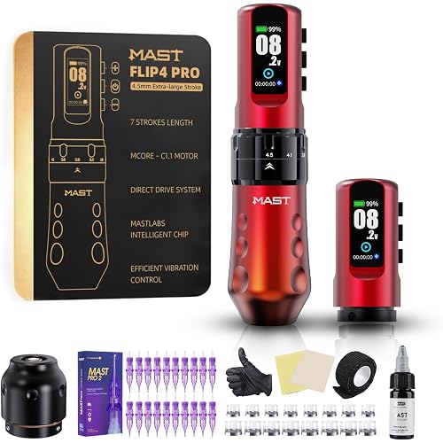 Mast Tattoo Flip4 Pro Wireless Tattoo Machine Kit, Professional Cartridge Tattoo Pen with 7 Adjustable Stroke Lengths 2.5-4.5mm, Bluetooth App Control, Mcore-C1.1 Motor, 2 Batteries, RCA Compatible
