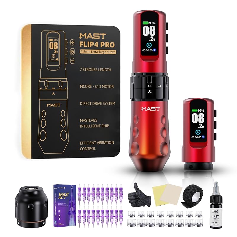 MAST TATTOO Flip4 Pro Kit de Máquina para Tatuagem sem Fio, 7 cursos ajustáveis, motor Mcore-C1.1 e bateria de 2000 mAh, pacote com 2 baterias