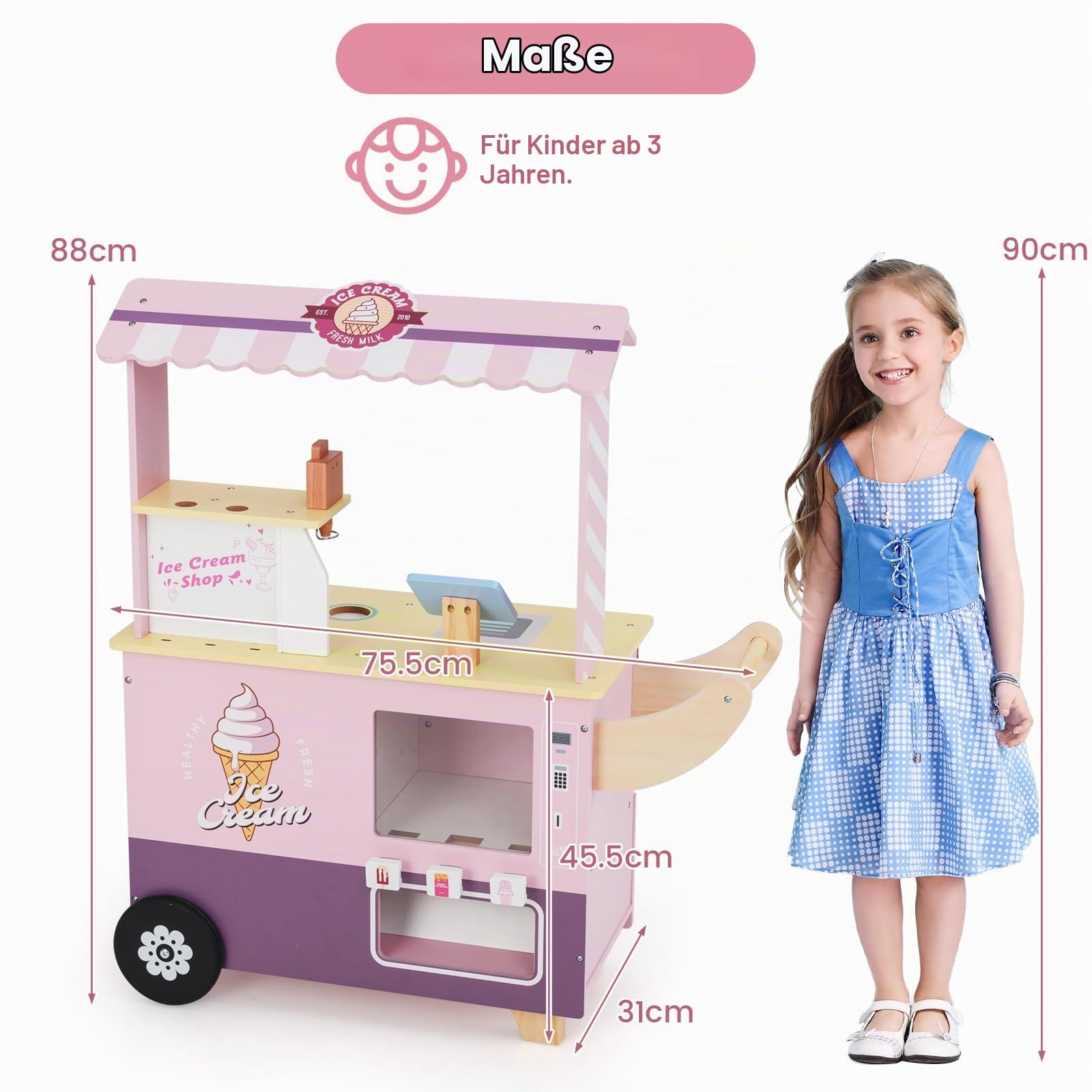 HOMASIS Kinder Eiswagen Holz mit 15 Zubehör, Kaufladen mit 6 Spielzeug-Eiscreme, Eismaschine, Verkaufsautomat, Kasse, Scanner, Eisdiele mit Rädern & Vordach, Verkaufsstand für Kinder ab 3 Jahre (Rosa)