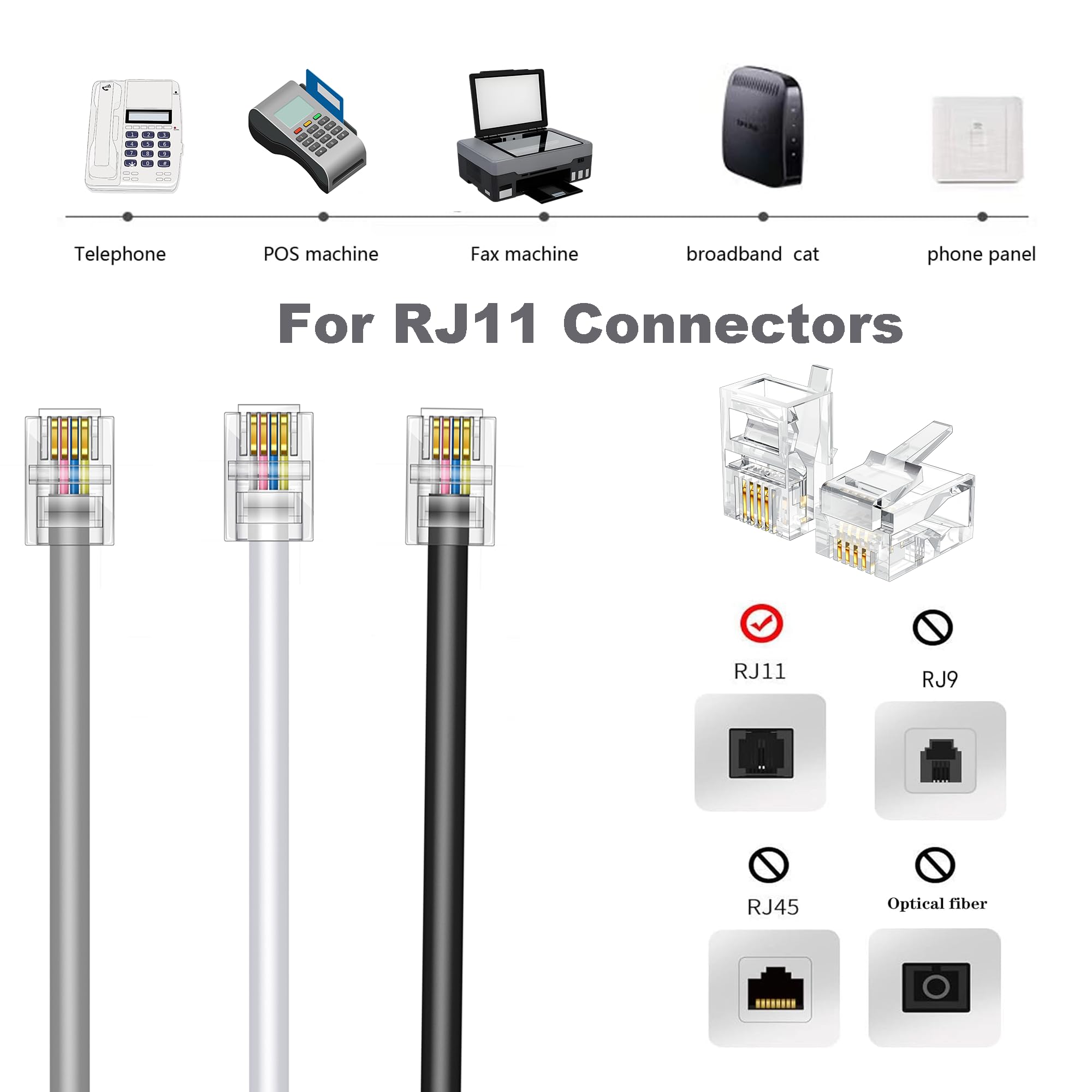 ZTOXLR Phone Extension Cord 15 FT Long Phone Cable Line Wire, with Standard RJ11 6P4C Plugs, Includes 15 Cable Clip Holders- Grey- 2 Pack - 4