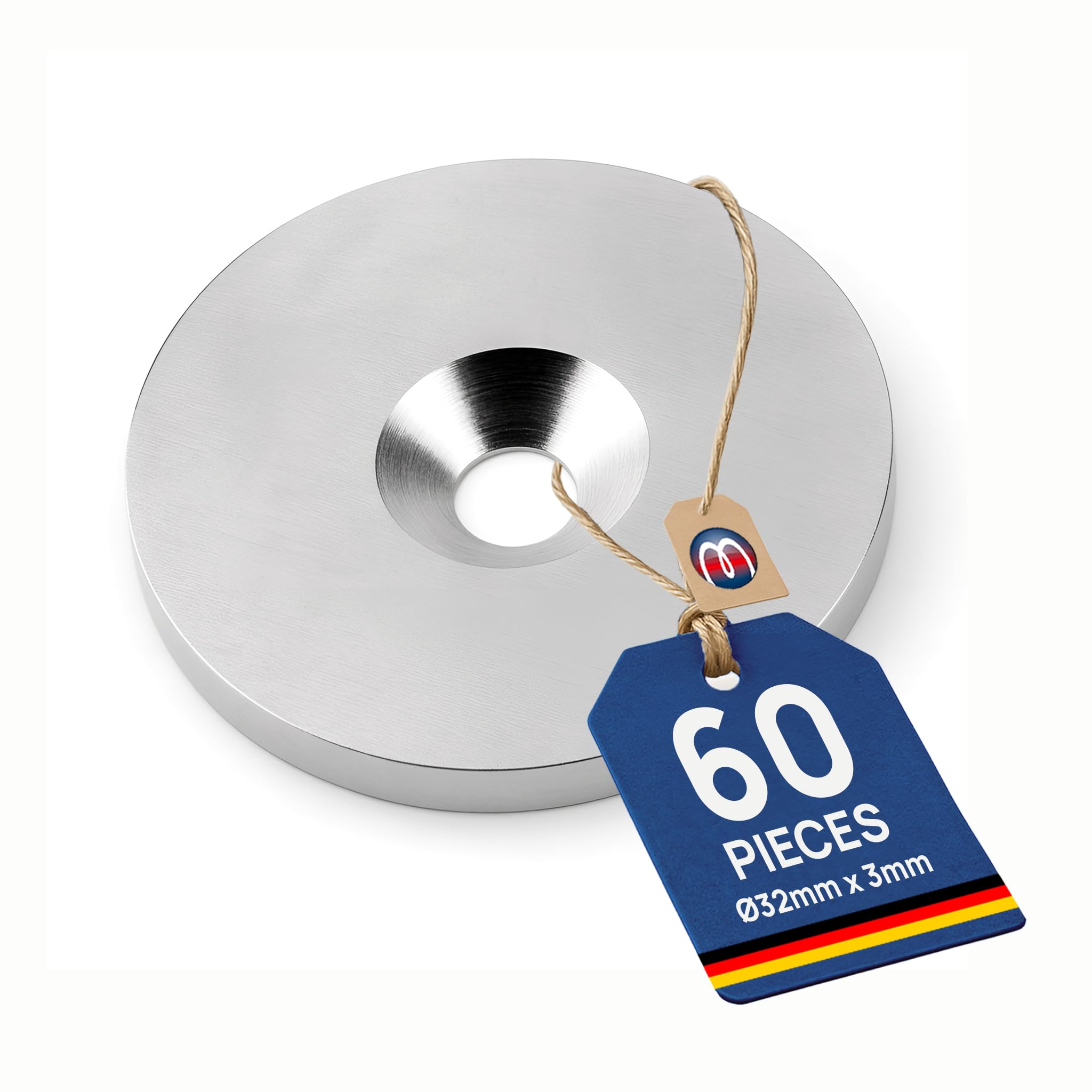 60 x Round Metal Disc Ø 32 mm x 3 mm with Countersunk (Center Hole) Nickel-plated - Counterpart to magnets, Quantity: 60 Pieces