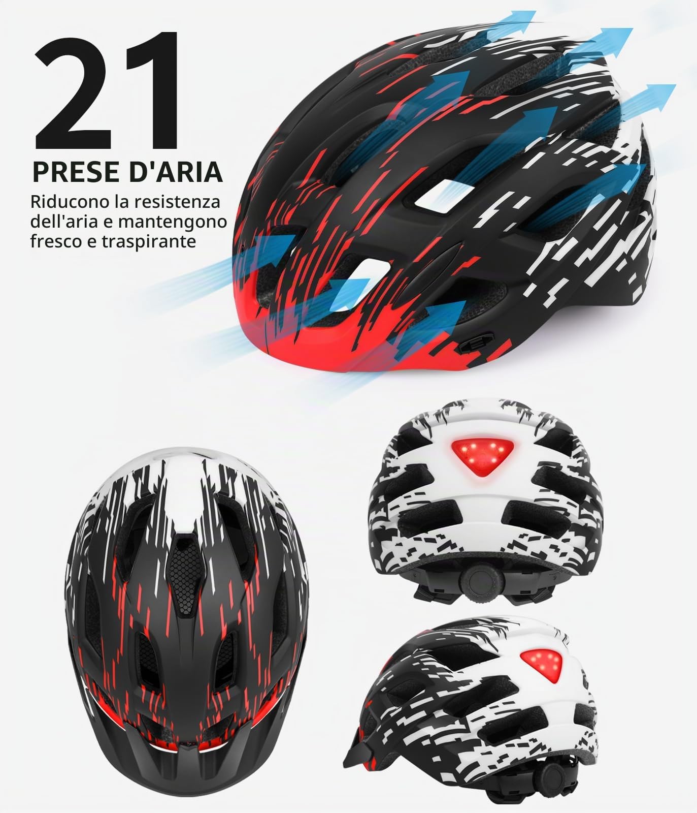 Casco da bicicletta, 21 prese d'aria, casco da ciclismo per adulti, casco da mountain bike e da strada, per uomo e donna, misura regolabile 57-61 cm
