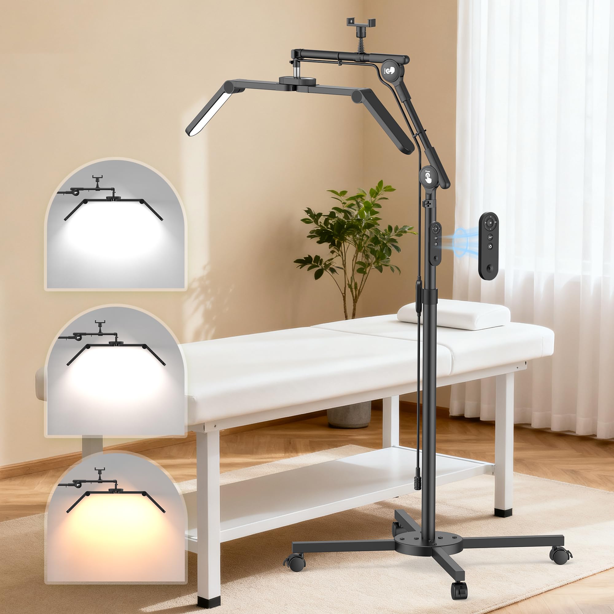 STASUN Halbmond-Stehlampe,28 Zoll Faltbare Wimpern Lampe mit Telefonhalter für Wimpernverlängerungen,45W Dimmbares LED Stehlampe für Nail Tech, Beauty, Kosmetik Lash Light