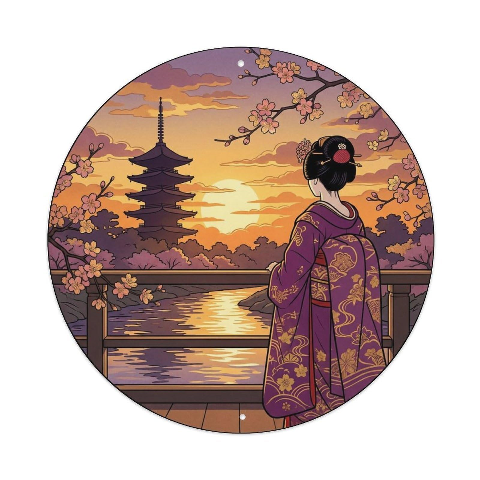 Yrnq 8X8inch Vintage Style Japanese Kimono Lady Dusk Glow Watching Graceful Motif Metal Tin Sign