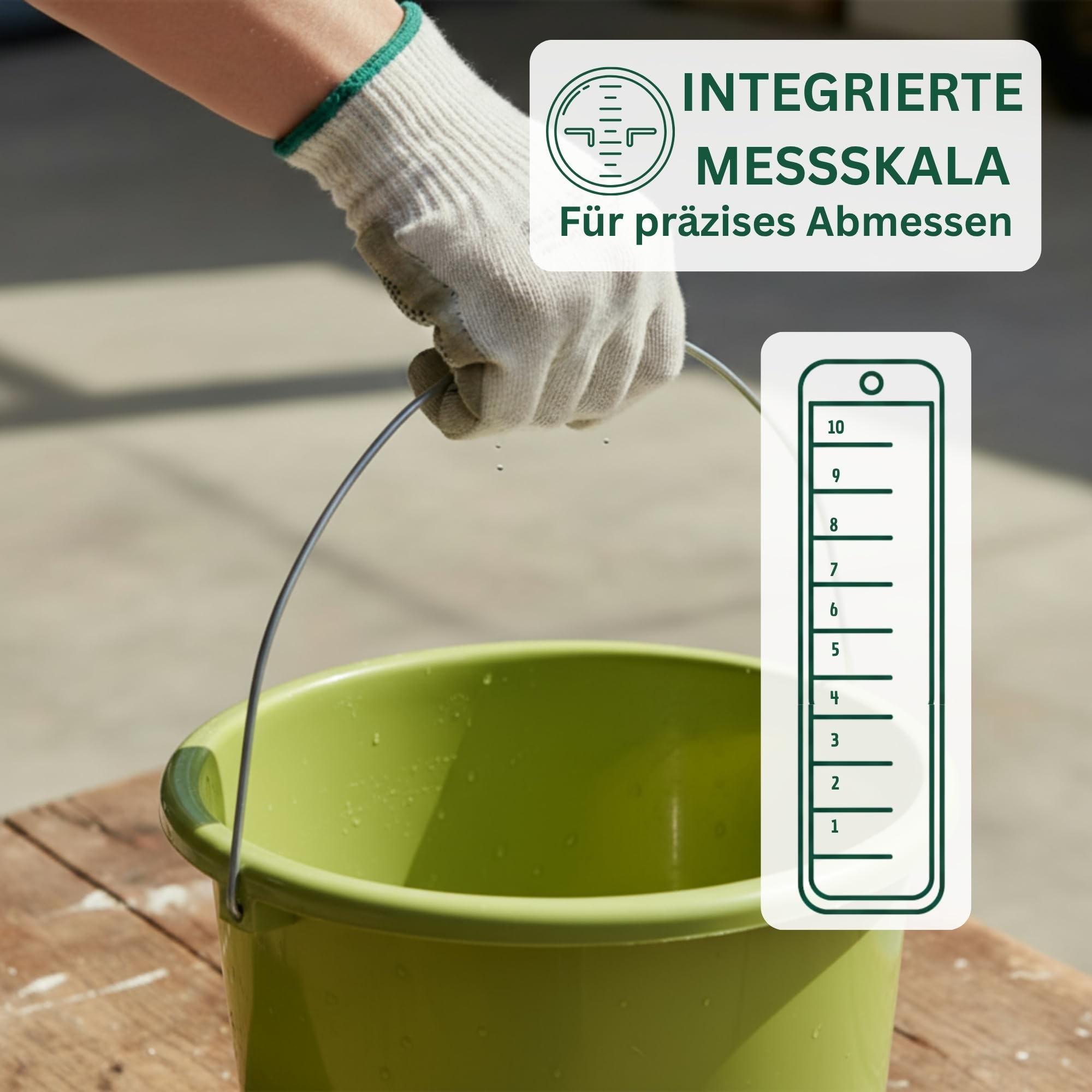 Novaliv 20 sztuk wiaderek 10 l, zielone, z podziałką na miarę, 10 l, 28,5 cm, praktyczne, uniwersalne ze skalą, do gospodarstwa domowego i ogrodu, idealne jako wiadro domowe, wiadro na wodę, wiadro do
