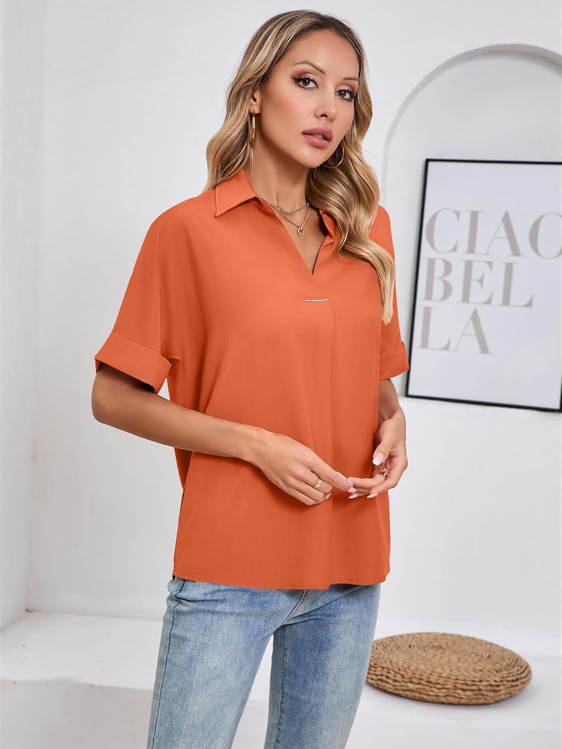 Women's Dressy Casual Tops Loose Fit Short Sleeve Work Blouses Collared V-Neck Dress Shirts - Image 2