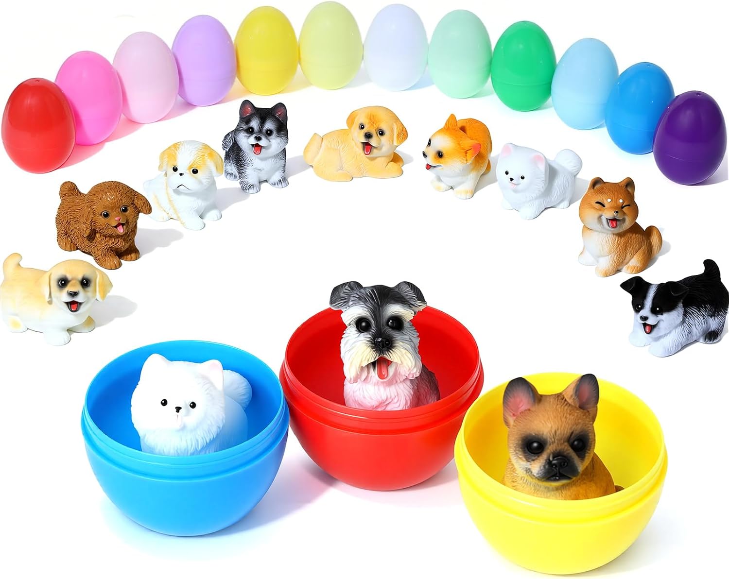 12Pcs Pre-filled Easter Eggs with Realistic Dog Figures - 2.36" Colorful Eggs & Solid Resin Puppy Toys - Hand-Painted Eyes & Mouth - Includes Golden Retriever, French Bulldog, Schnauzer & Corgi