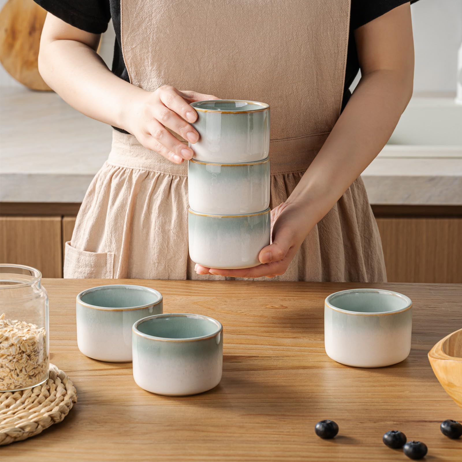 UNICASA Lot de 6 caissettes à soufflé en porcelaine pour crème brûlée, 240 ml, pour four et micro-ondes - Bleu