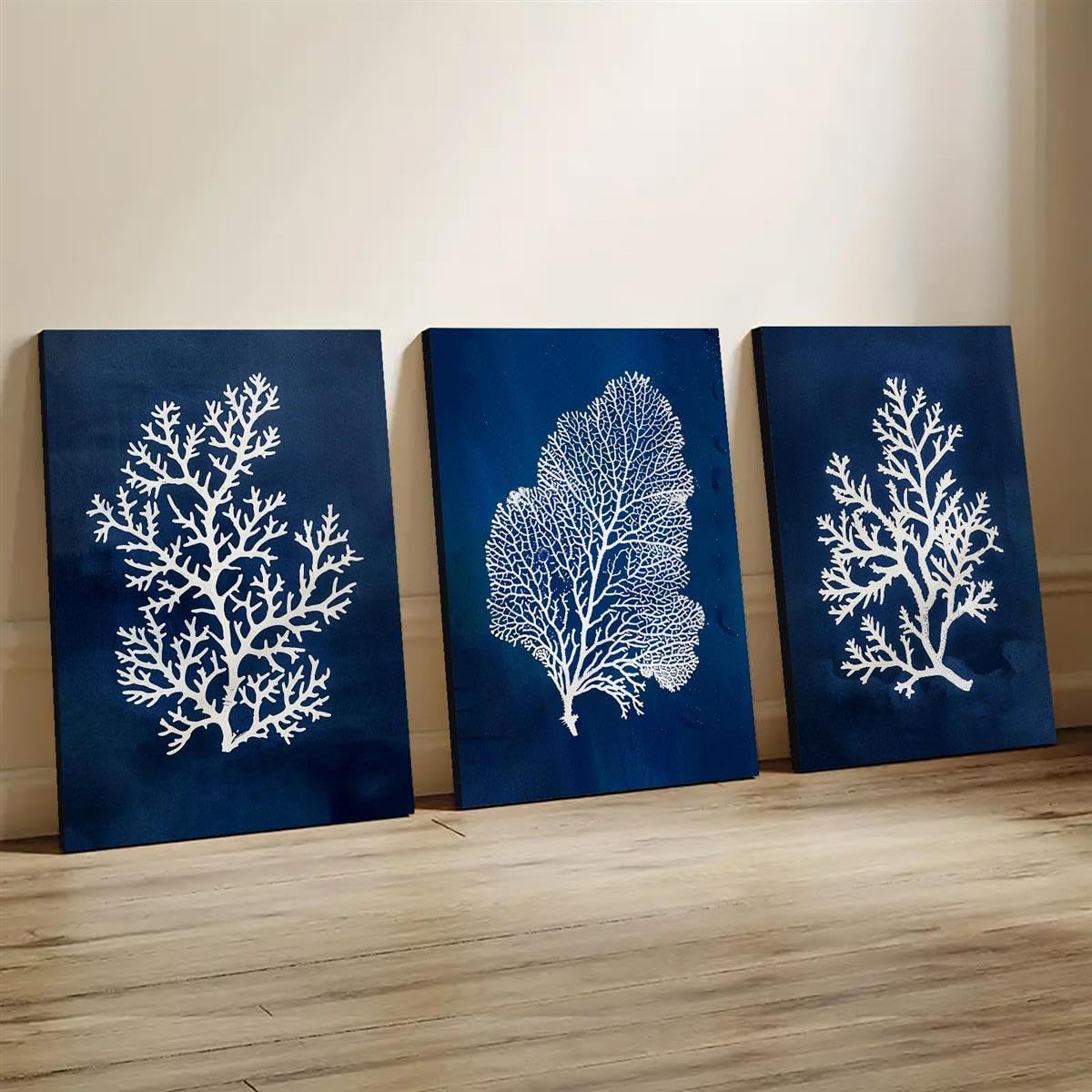 PVPQPR Tableau moderne sur toile bleu marine corail océan,décoration murale de plage en 3 parties pour salon (60 x 90 cm x 3,sans cadre)
