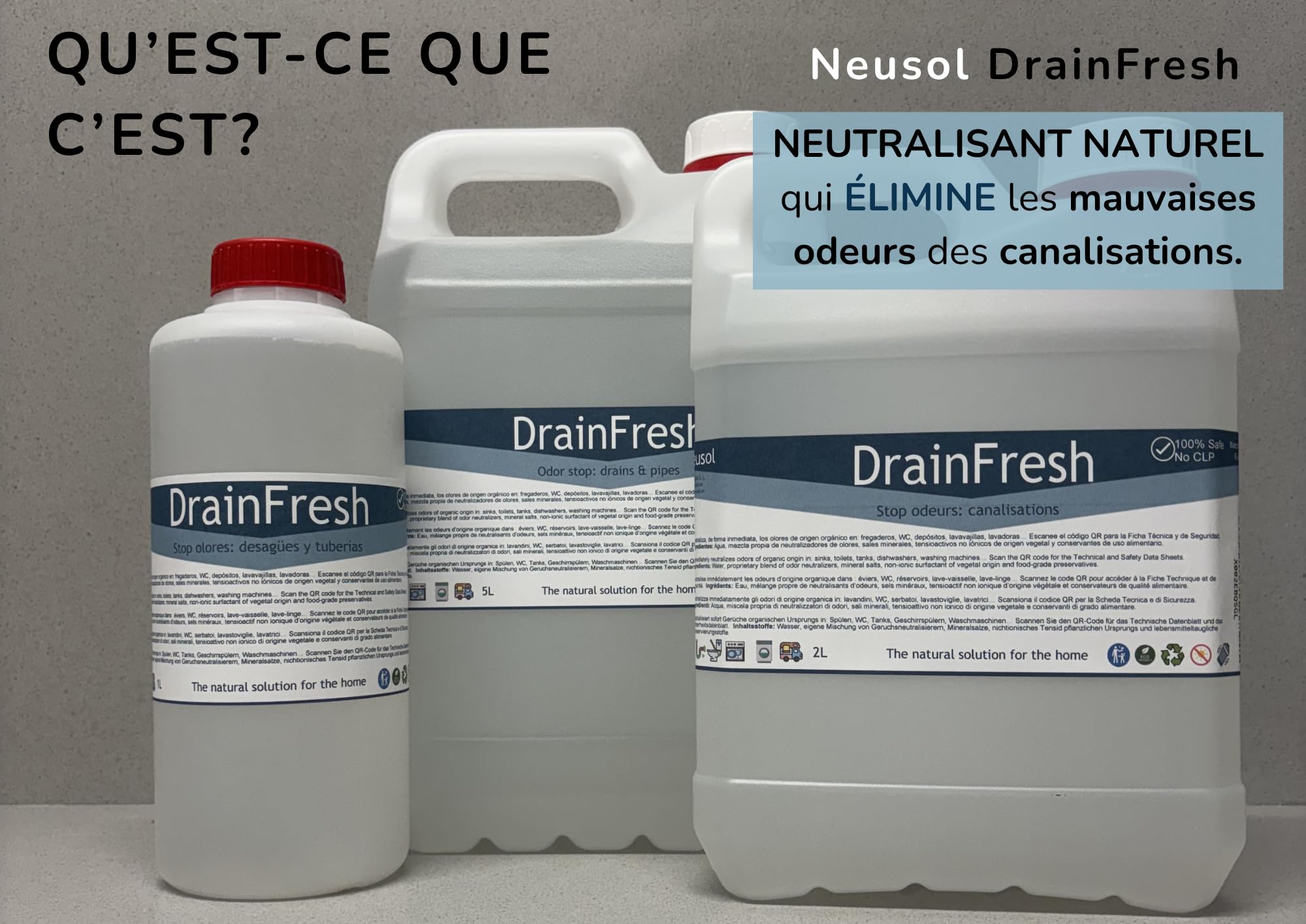 DrainFresh – Neutralisant d'odeurs canalisations et réservoirs – 1 L | Action immédiate, formule naturelle, usage domestique et professionnel – Maison, hôtel, camping-car