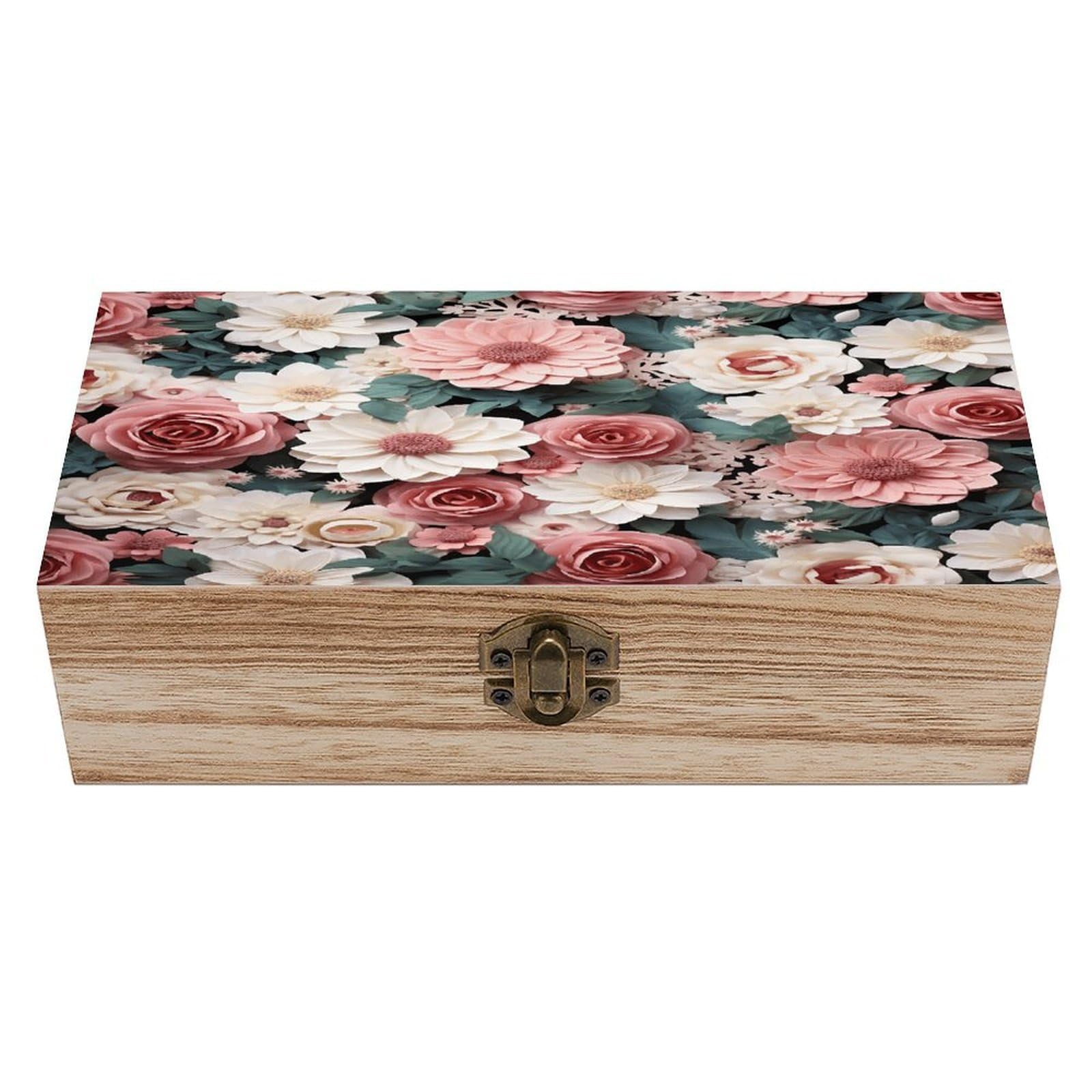 VstaDank Flowers with Pink And Green Leaves Wooden Storage Box Wooden Keepsake Box with Hinged Lid Exquisite Solid Wood Decorative Jewelry Case Memory Box for Jewelry Photos Letters Crafts Trinkets