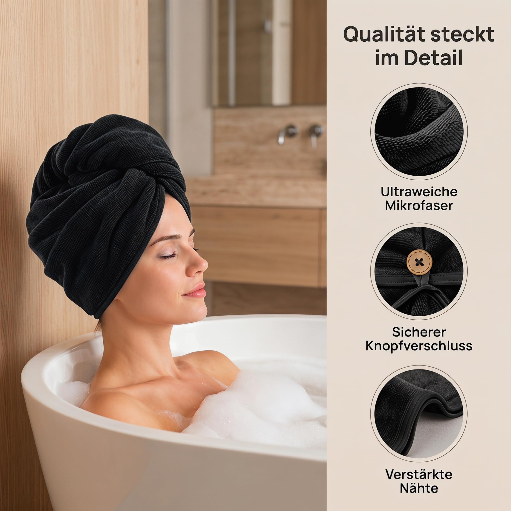 Toalla de Microfibra para el Cabello 30x70 cm 2 Unidades Negro KinHwa