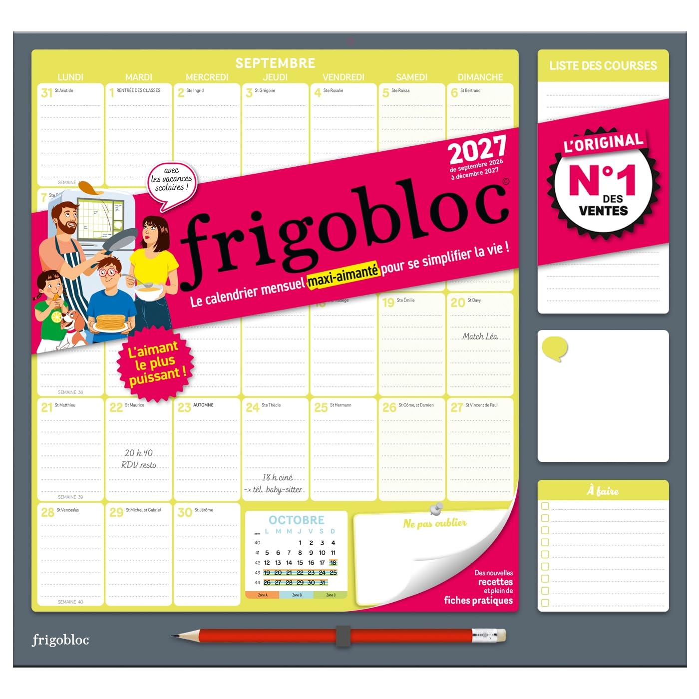 Frigobloc Mensuel 2027 - Calendrier organiseur familial (de sept. 2026 à déc. 2027)