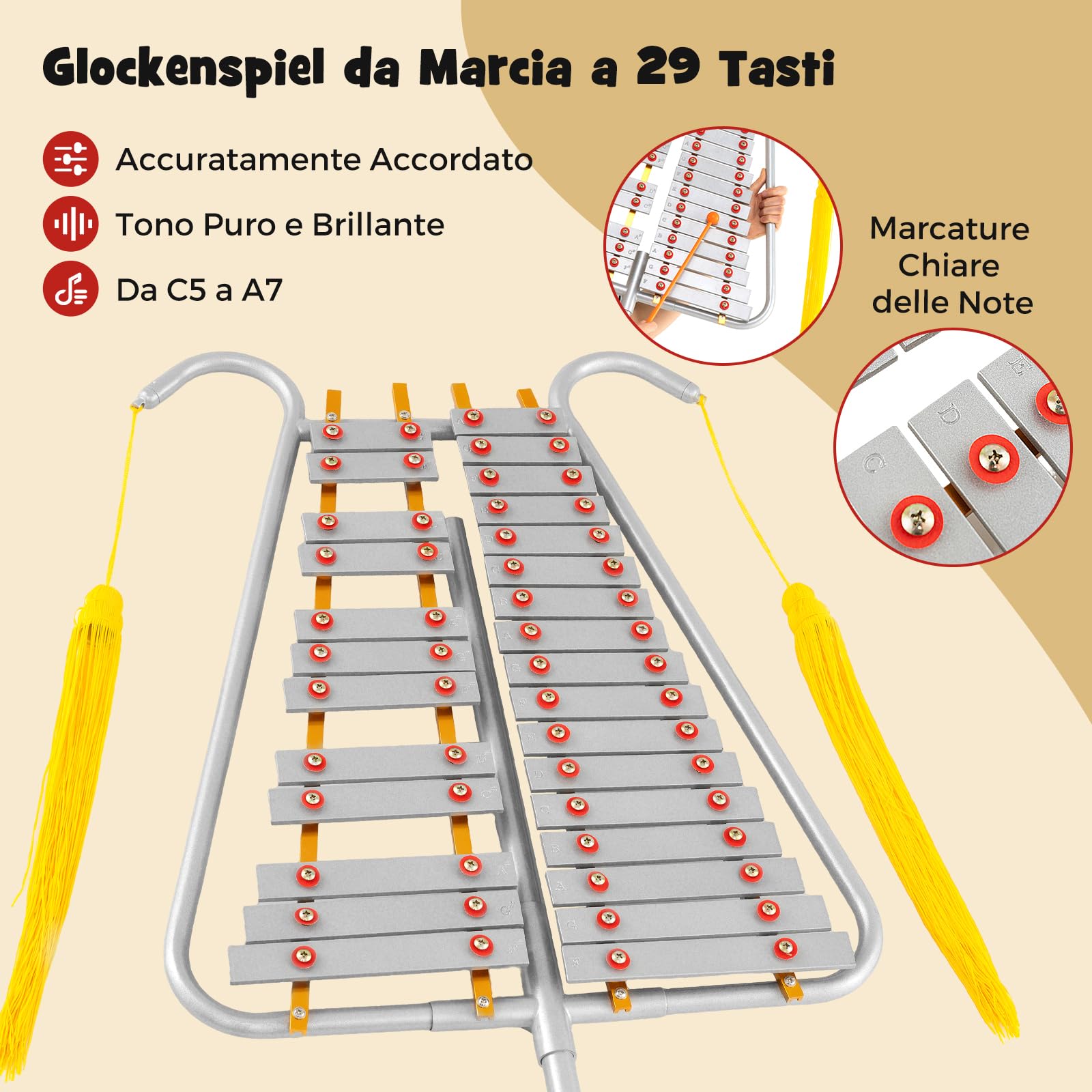 RELAX4LIFE Xilofono Glockenspiel da 29 Note, con Tasti in Alluminio, Tracolla in Pelle Regolabile e 2 Bacchette per Parate, Strumento a Percussione Leggero e Portatile per Principianti