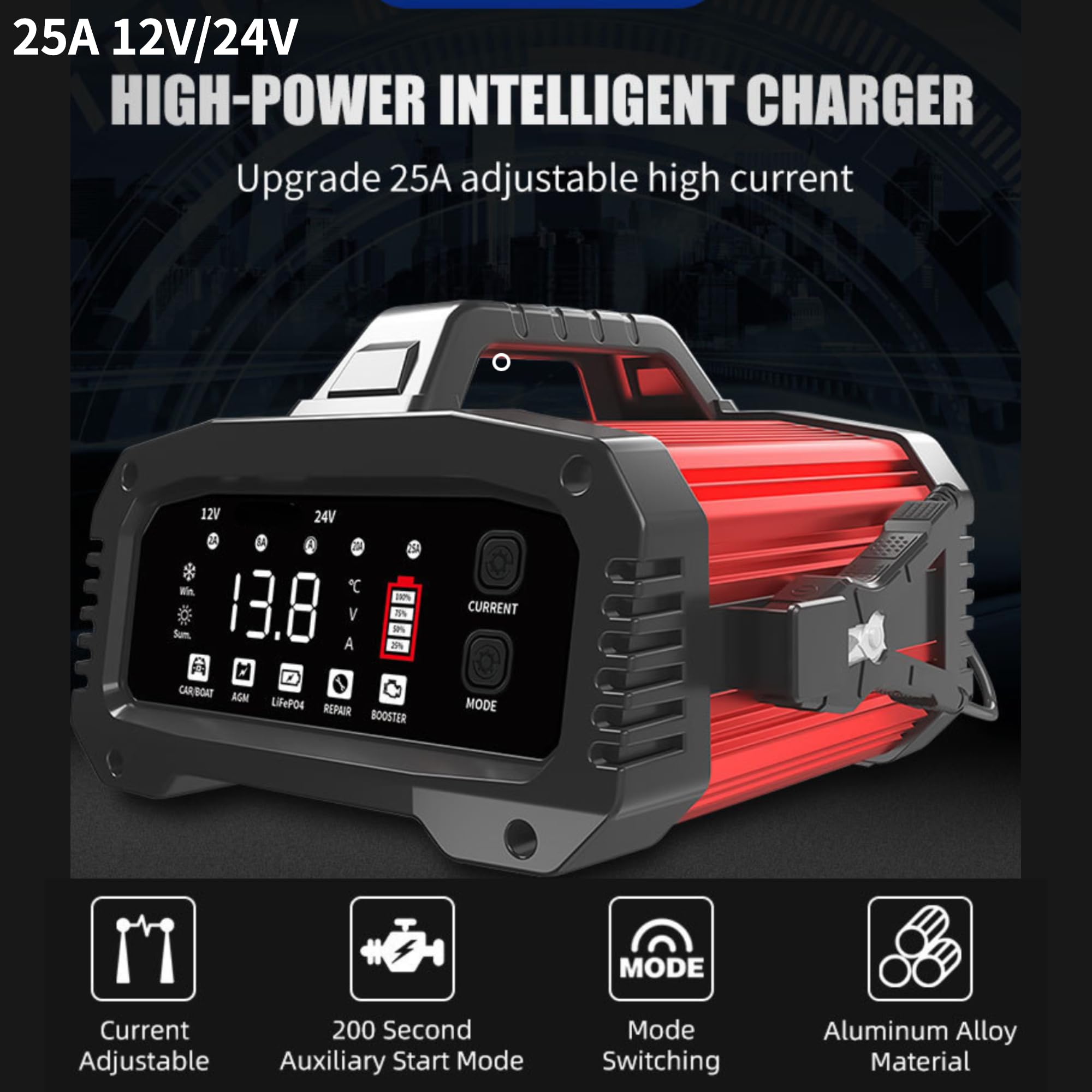Ładowarka akumulatorów 25A 12V / 24V do akumulatorów Lifepo4, litowo-żelazowych,AGM,kwasowo-ołowiowych,7-stopniowa inteligentna ładowarka samochodowa i konserwator,zabezpieczenie przed przeładowan