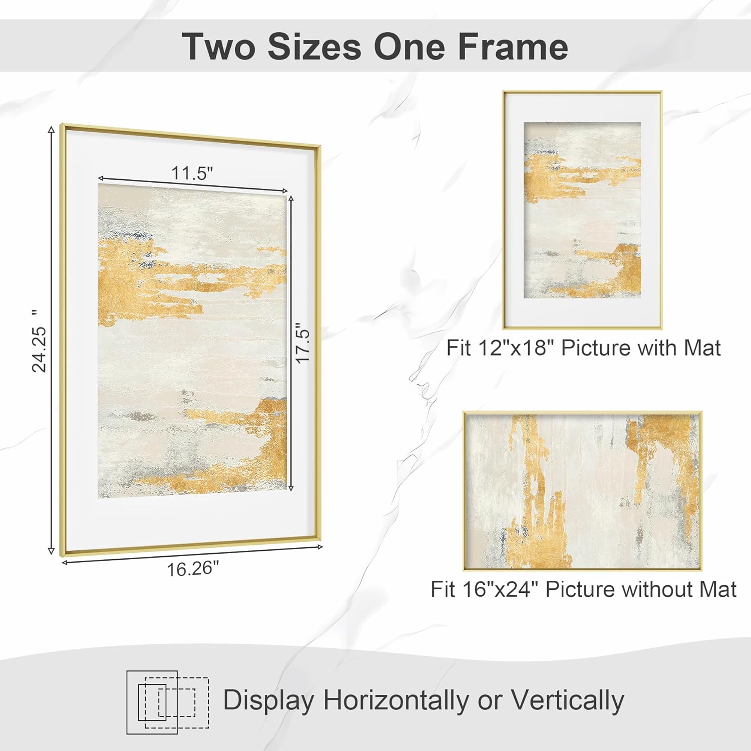 16x24 Metal Picture Frame, 16 by 24 Premium Aluminum Poster Frames with 12x18 Removable Mat, Tempered Glass, Vertical and Horizontal Display, Wall Hook Hanging Hardware Included, Gold, 1 Pack