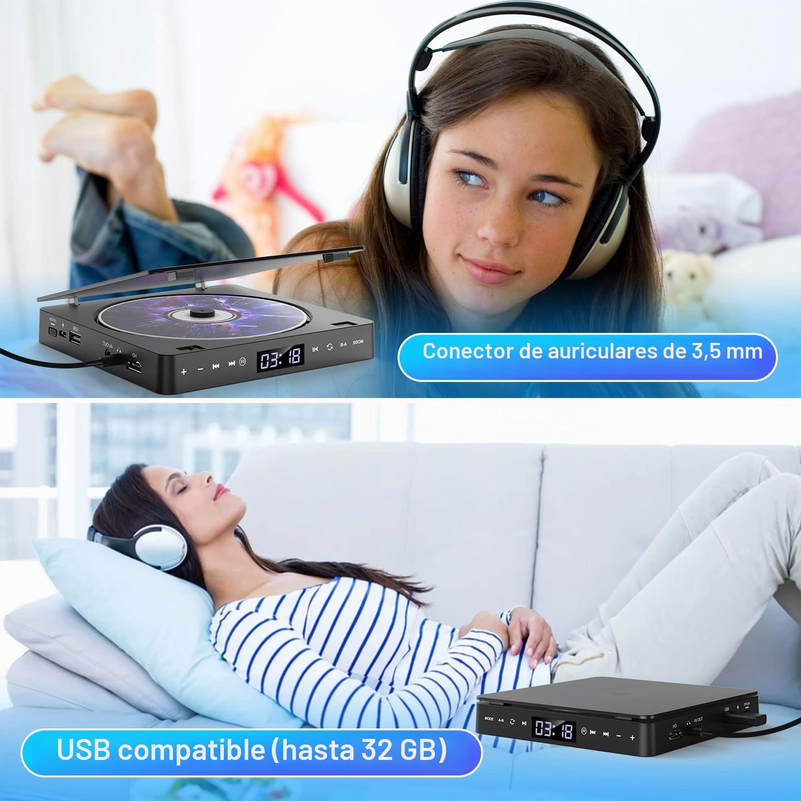 Gueray Reproductor de DVD de Televisión Mini Reproductor de CD de DVD Portátil Gratuito en Todas Las áreas, con Puerto Aux HD 1080p HDMI/AV USB / 3.5mm, Incluido Control Remoto (dvd-708)