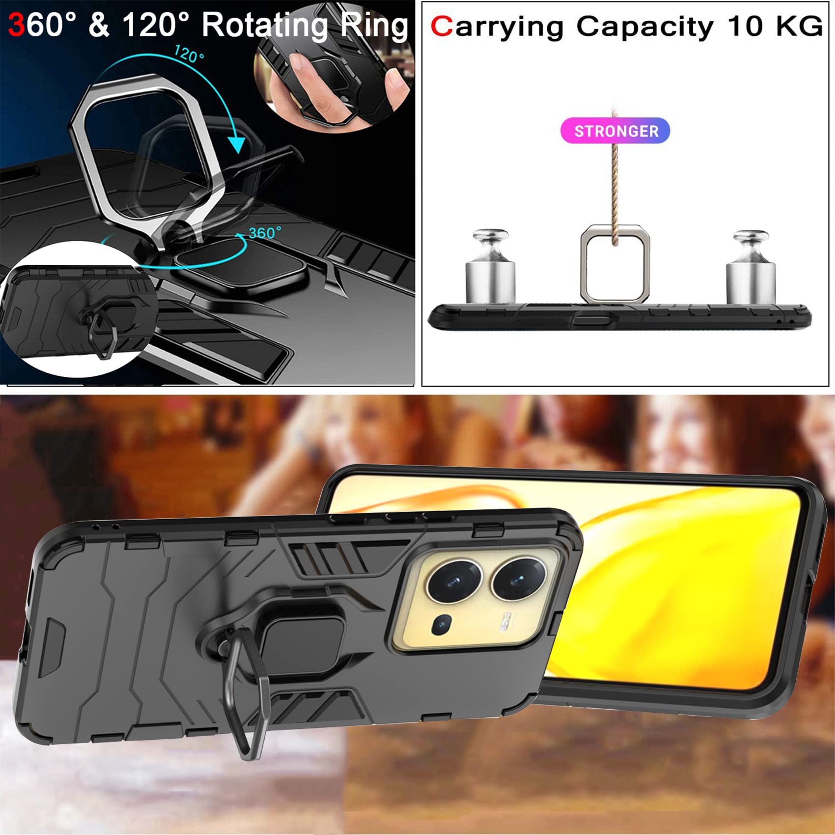 ESTH Handyhülle Für Vivo X80 Lite/V25/V25e – Mit 360° Drehbarem Ringständer & Magnethalterung, Militärstoßfest, Schwarz