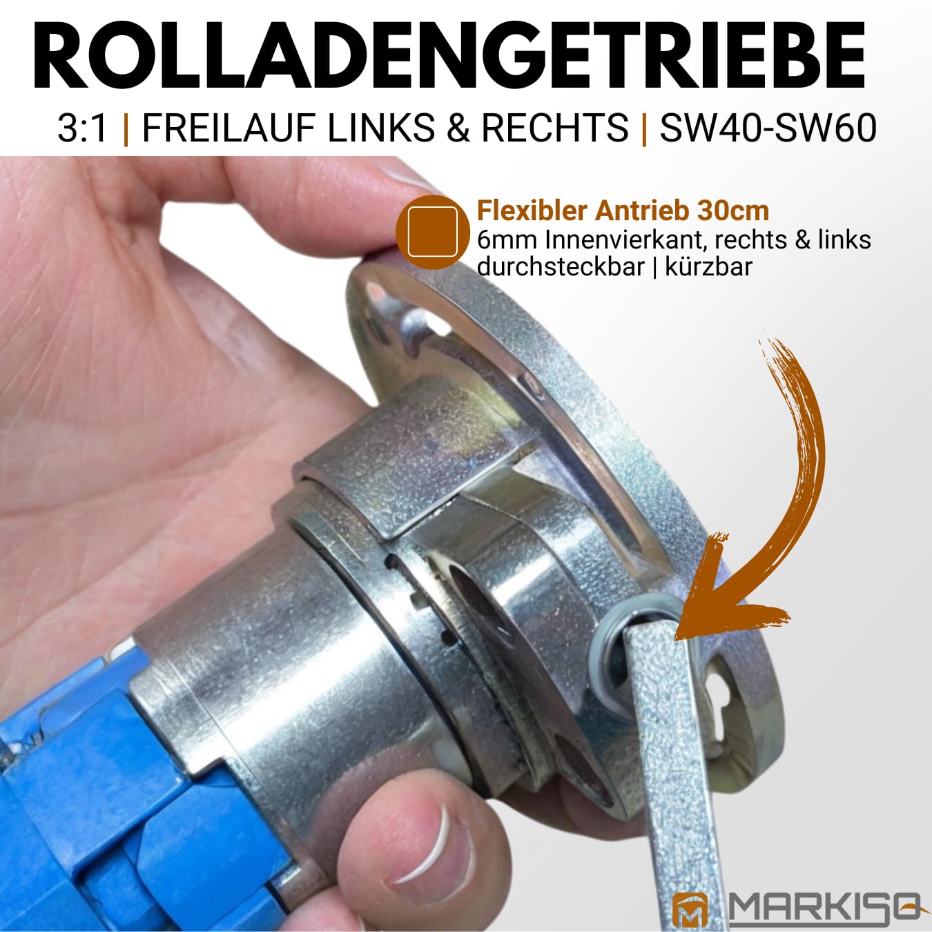 Rolladengetriebe 3:1 – Kurbelgetriebe [Freilauf Links] für SW40 Rollladenwelle – Kegelradgetriebe [Made in Germany] mit 6mm Innenvierkant-Antriebsstab – ®markiso Qualität