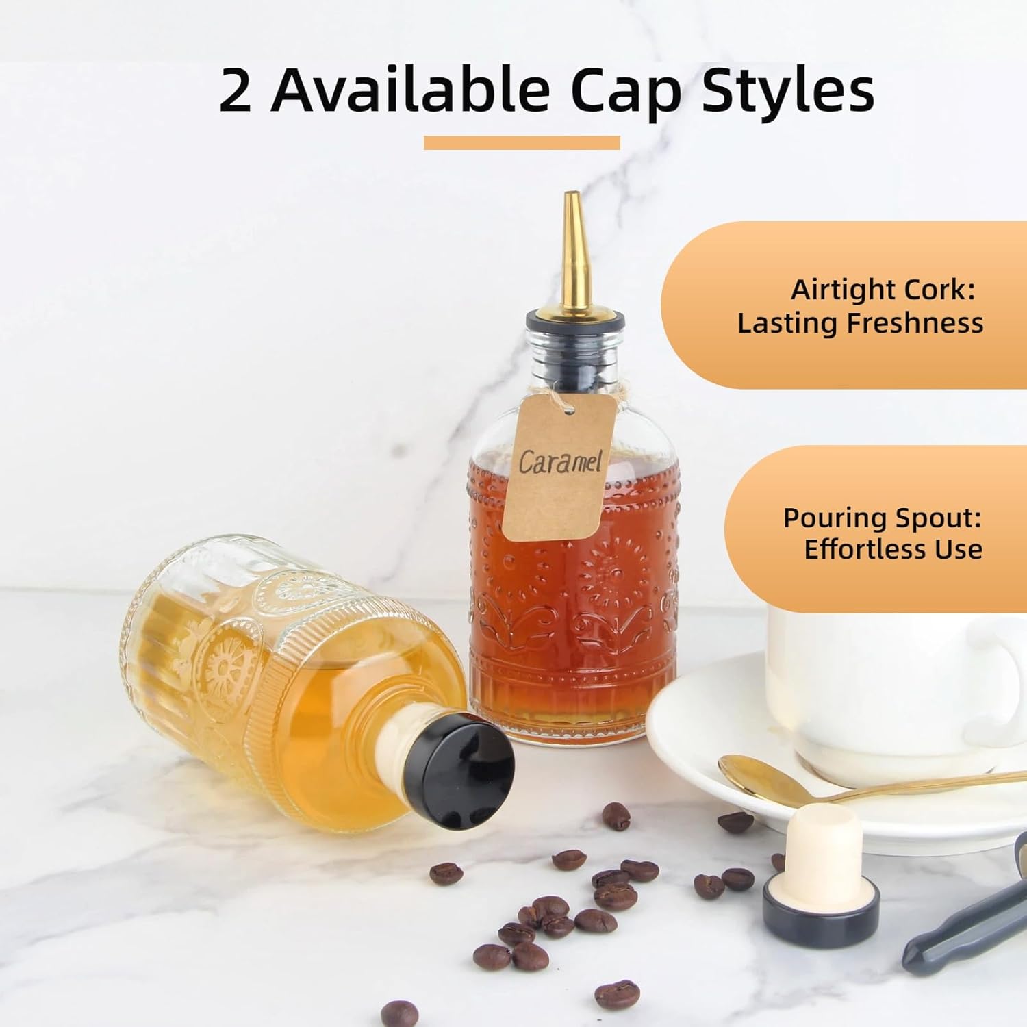 Simple Syrup Bottles Set of 2, Glass Coffee Syrup Dispenser Bottles 7 OZ With Metal Pour Spout, Labels and Stopper, Glass Syrup Dispenser for Maple Honey Syrup Oil and Sauces, LC002 - Image 4