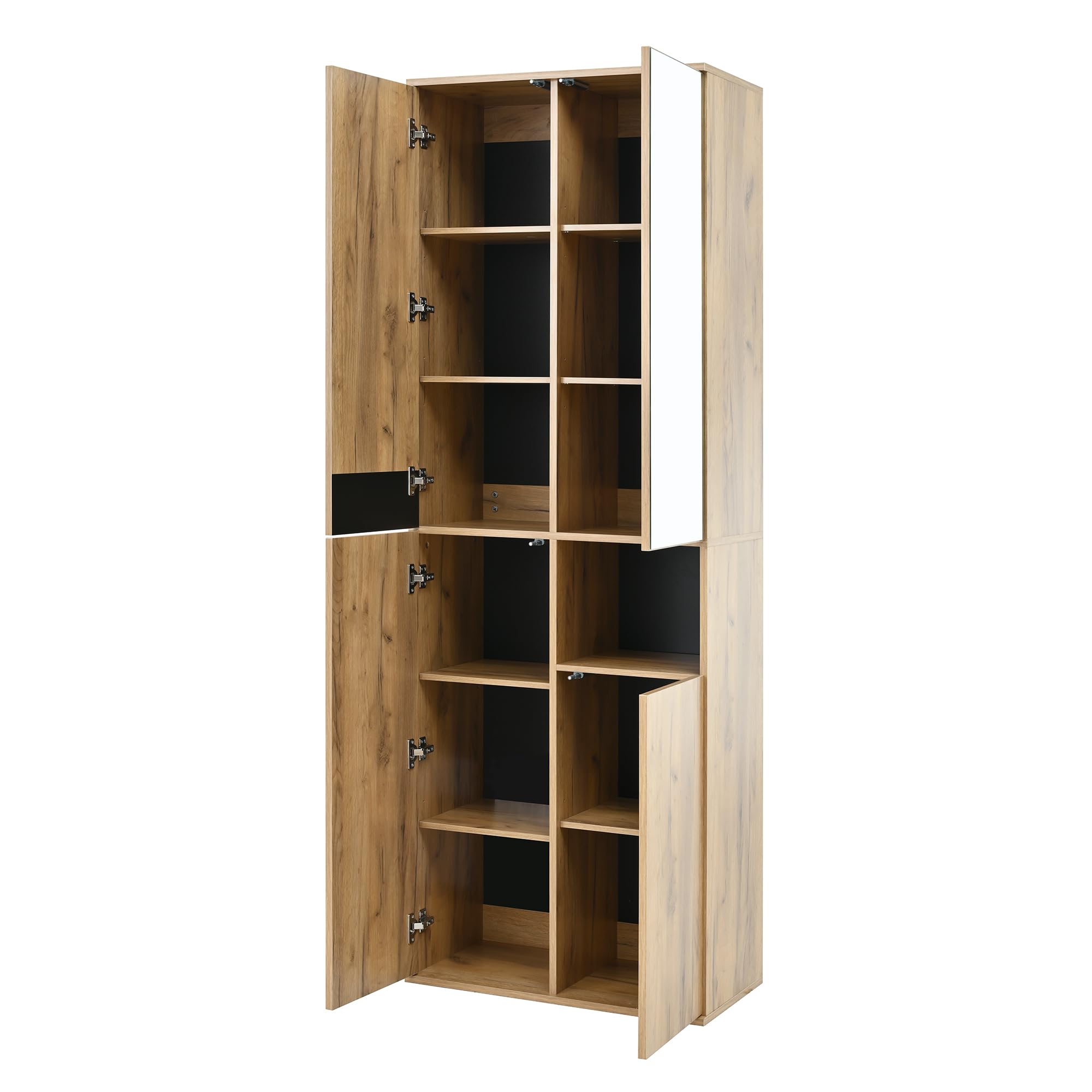 Armario alto con espejo, cuatro puertas y un compartimento de almacenamiento abierto. Negro y natural. Dimensiones: 65 × 35 × 190 cm (ancho x profundidad x alto)