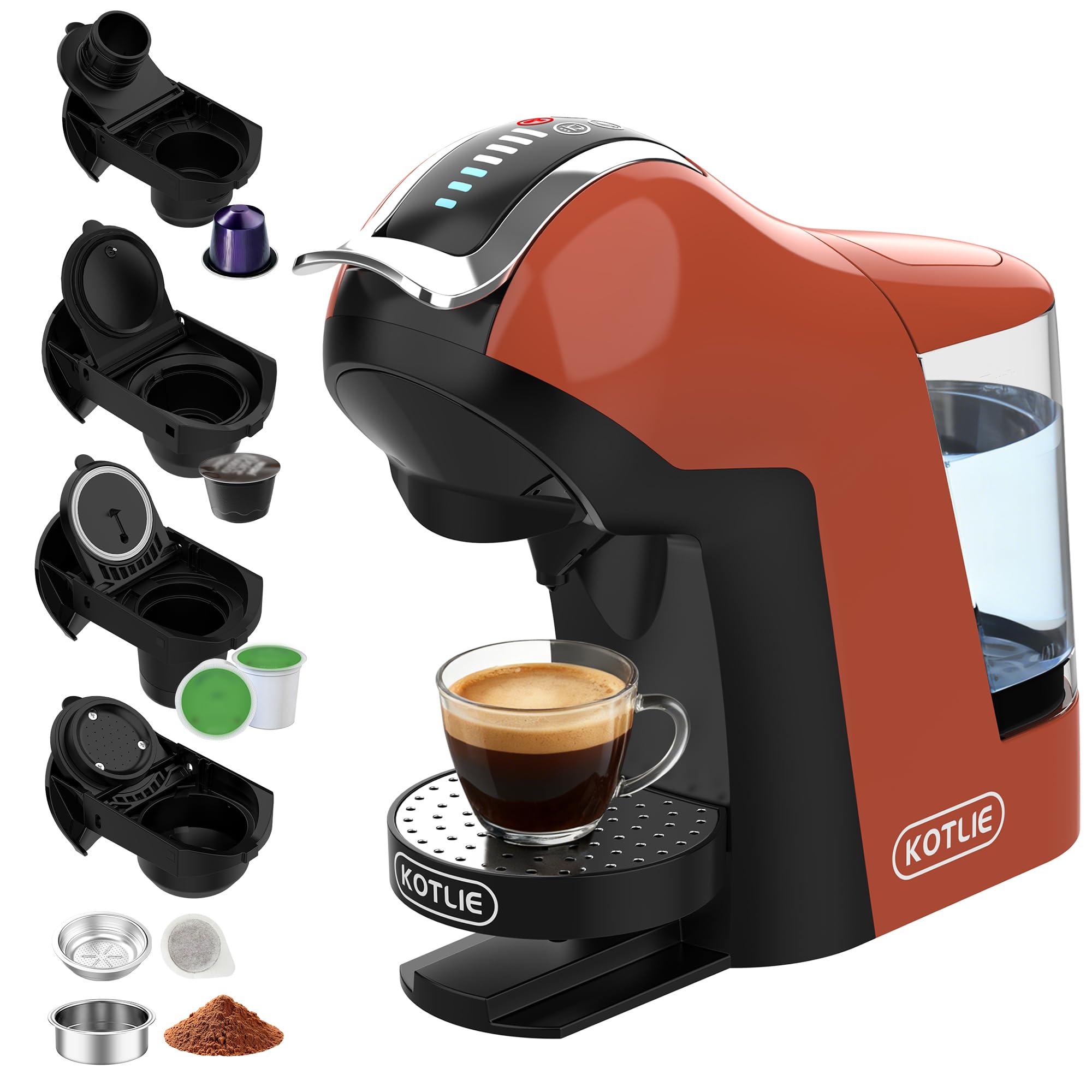 EM-308B Espresso Machine, Single Serve Coffee Maker Compatible with Multiple Capsule Types, Ground Coffee, and ESE Pods, 3 Temperatures, 7 Water Volume Levels, 34 Oz (Orange)