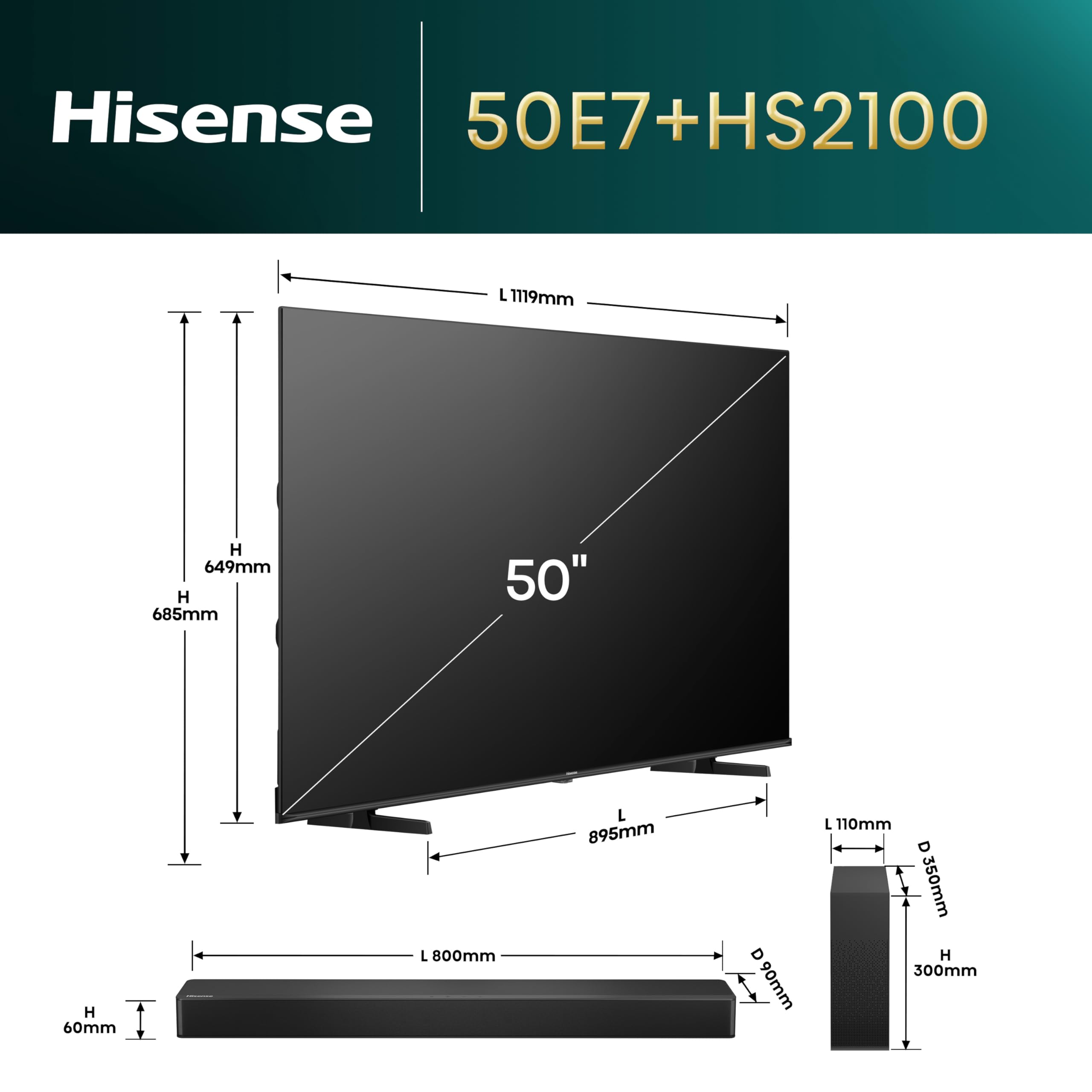 Hisense Bundle of 50E7Q Fehrnseher, 50 Zoll, 4K QLED, Smart TV+ HS2100, 2.1 Kanal Soundbar, 240W max Audio Power,Dolby Audio, DTS Virtual:X, Ultra-Slim Wireless subwoofer, TV Mode, EzPlay